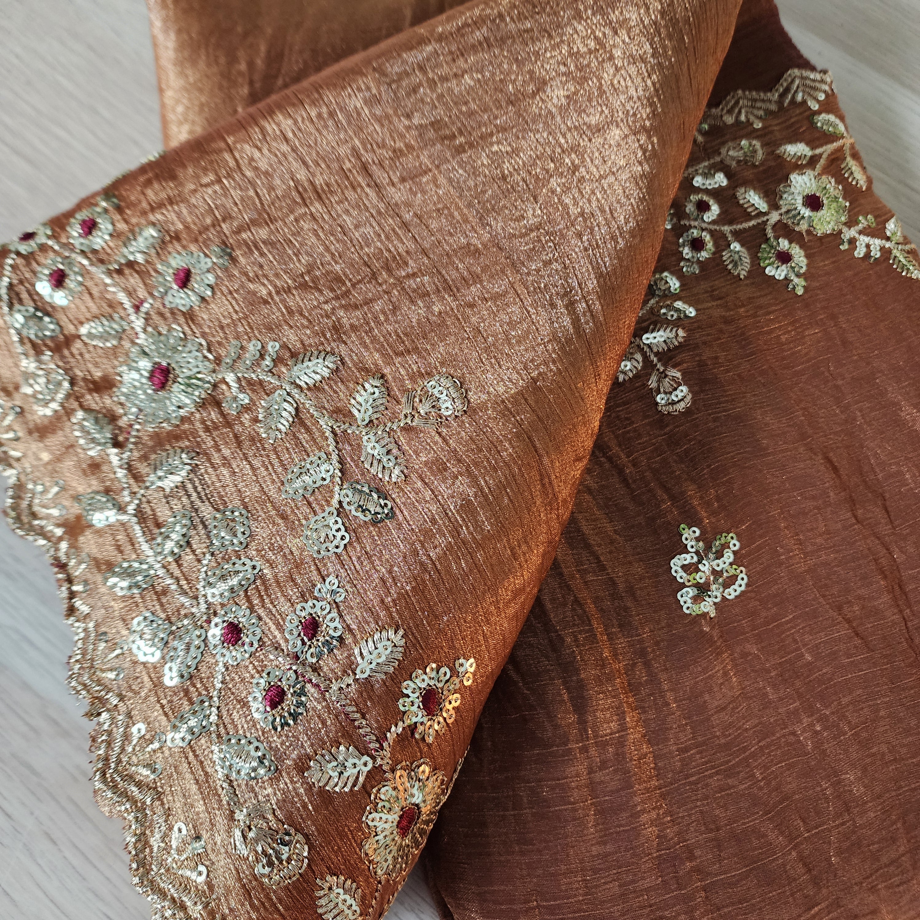 Brownish Copper Designer Chiffon Silk Saree with Sequin Embroidery