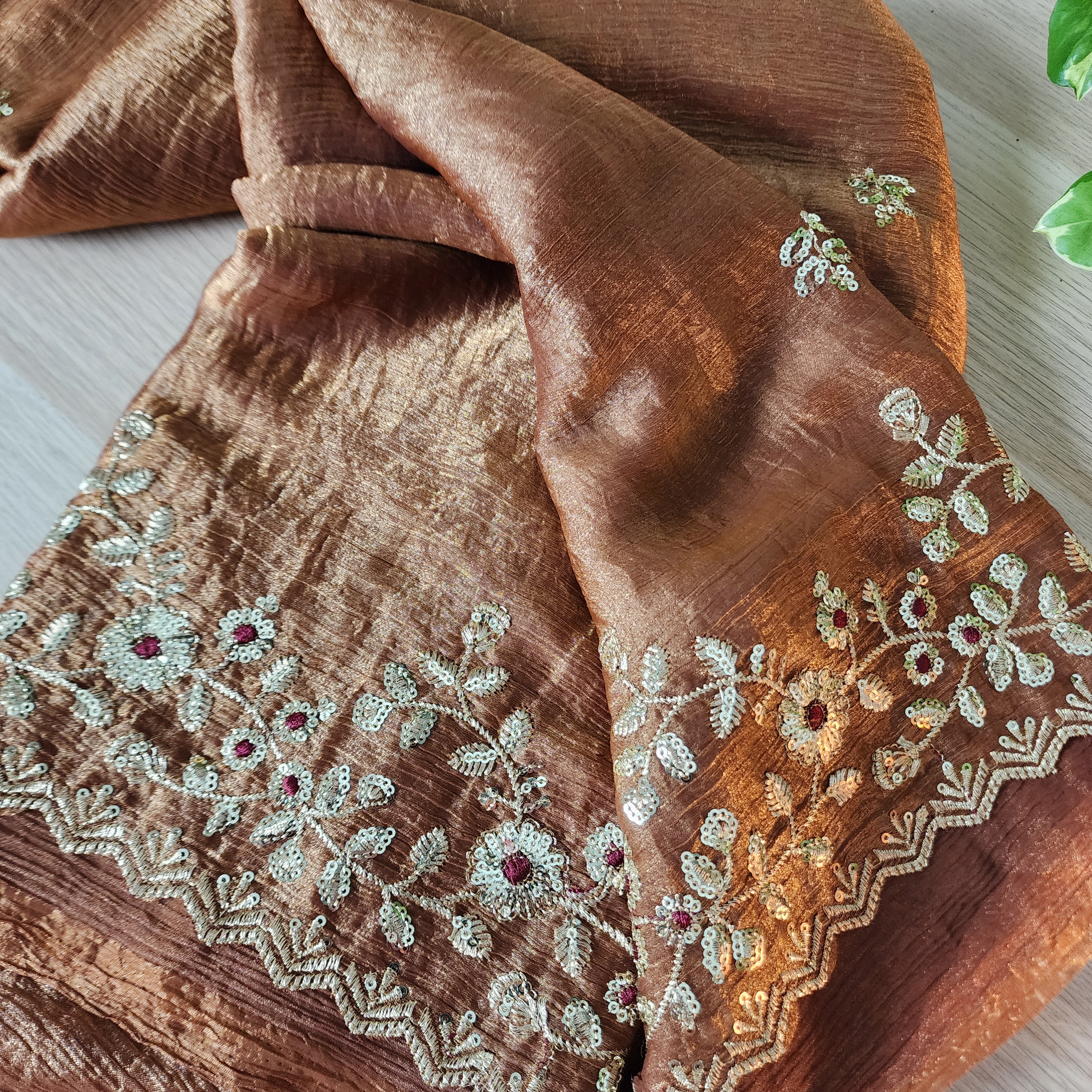 Brownish Copper Designer Chiffon Silk Saree with Sequin Embroidery