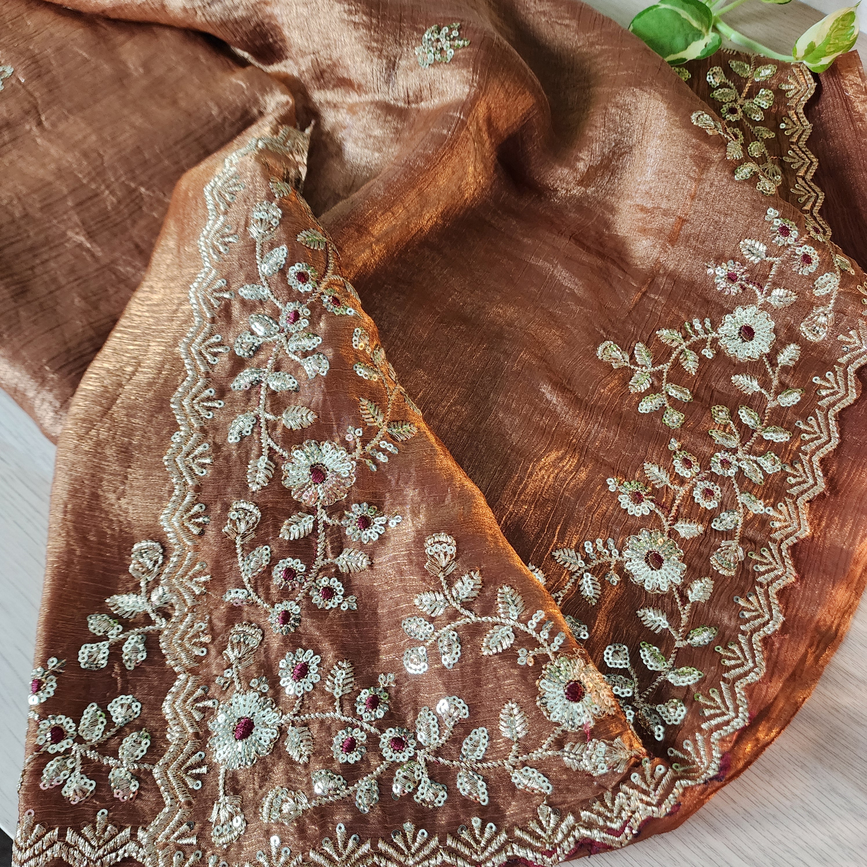 Brownish Copper Designer Chiffon Silk Saree with Sequin Embroidery