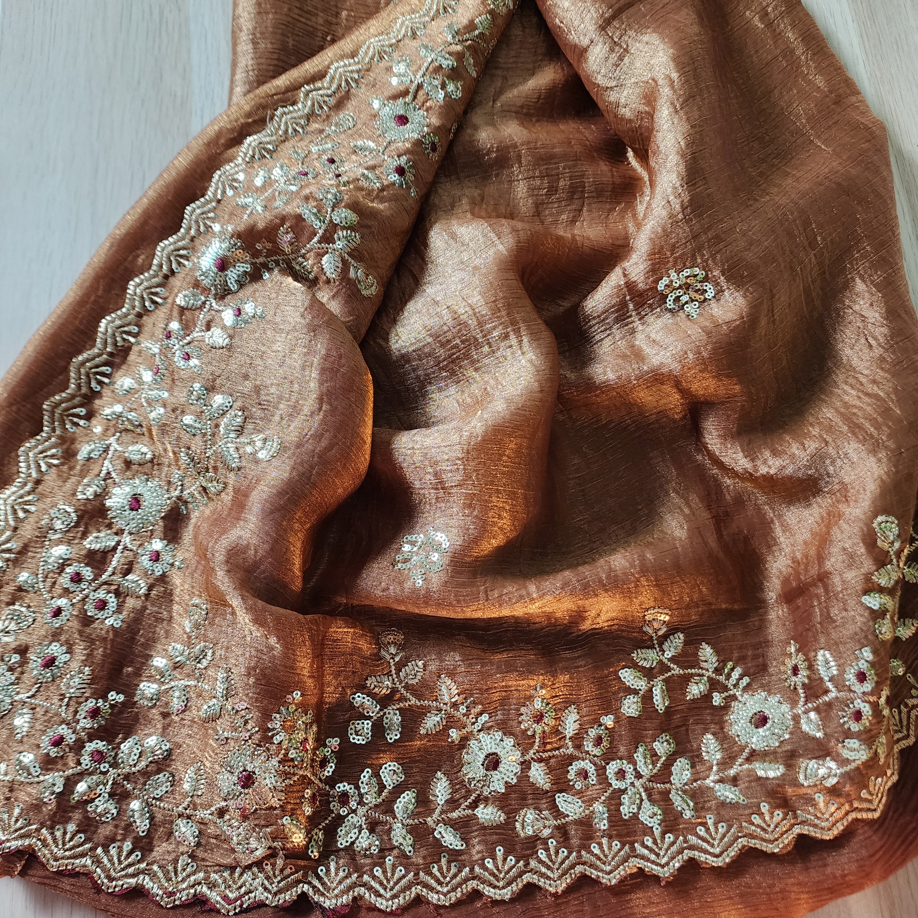 Brownish Copper Designer Chiffon Silk Saree with Sequin Embroidery