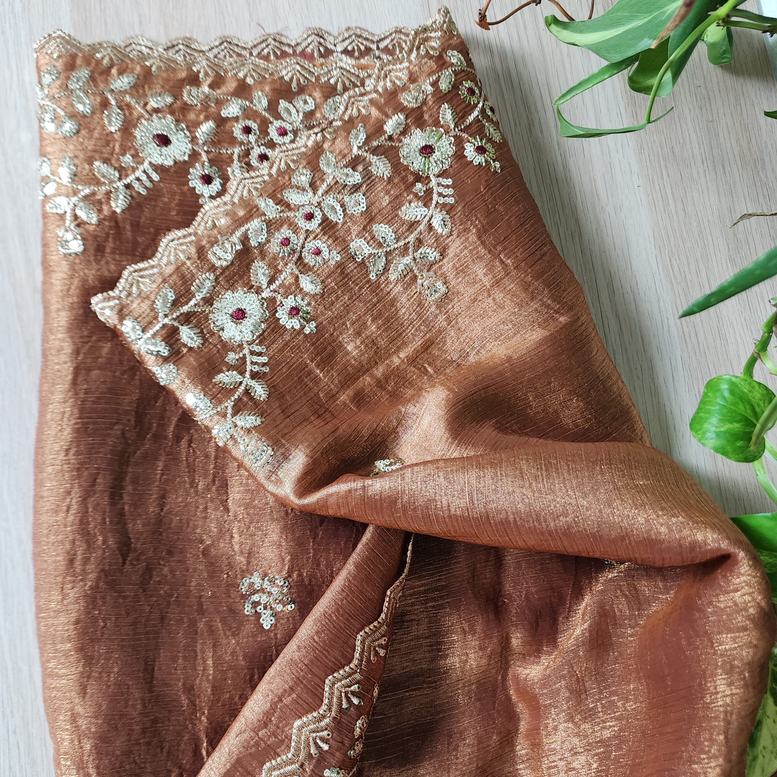 Brownish Copper Designer Chiffon Silk Saree with Sequin Embroidery