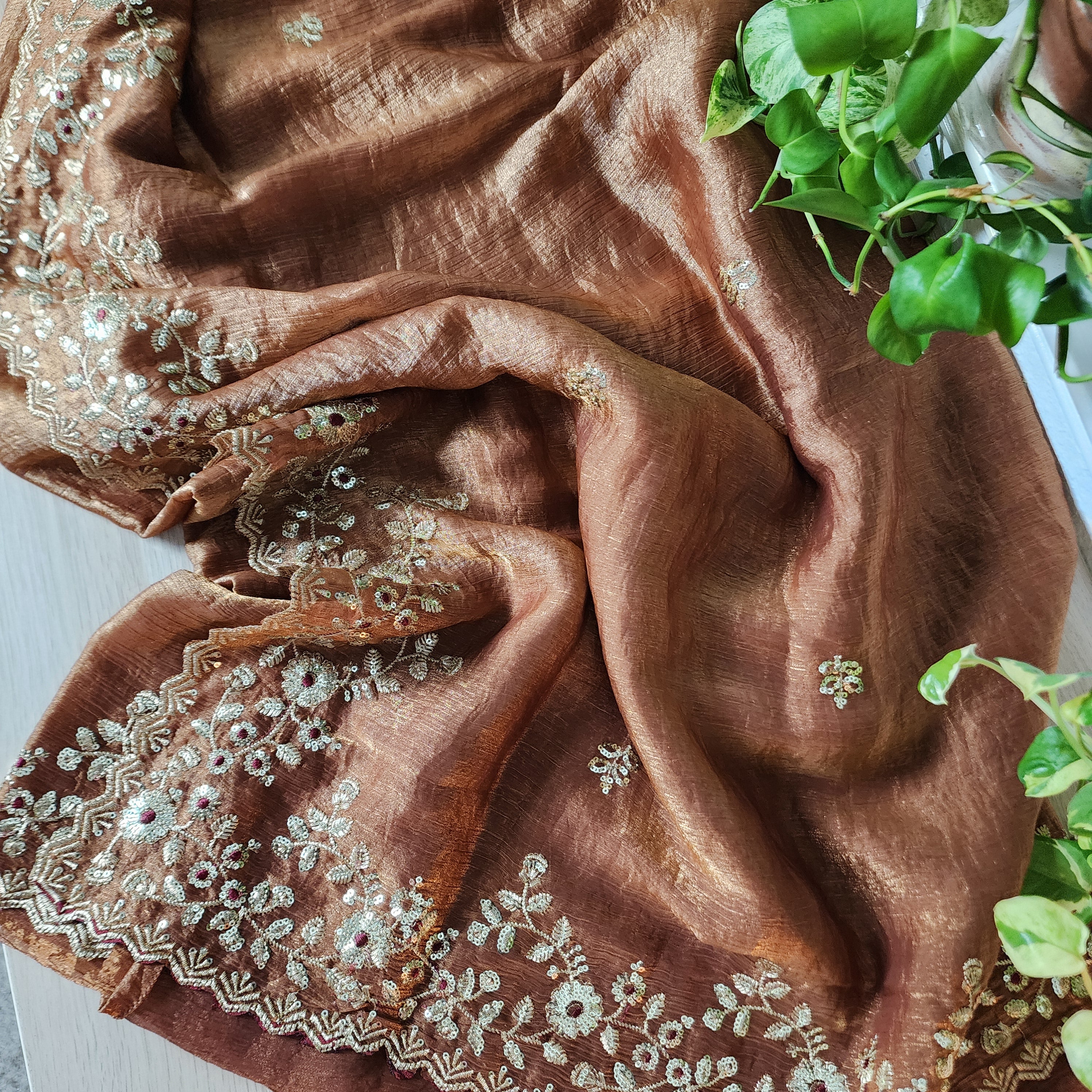 Brownish Copper Designer Chiffon Silk Saree with Sequin Embroidery