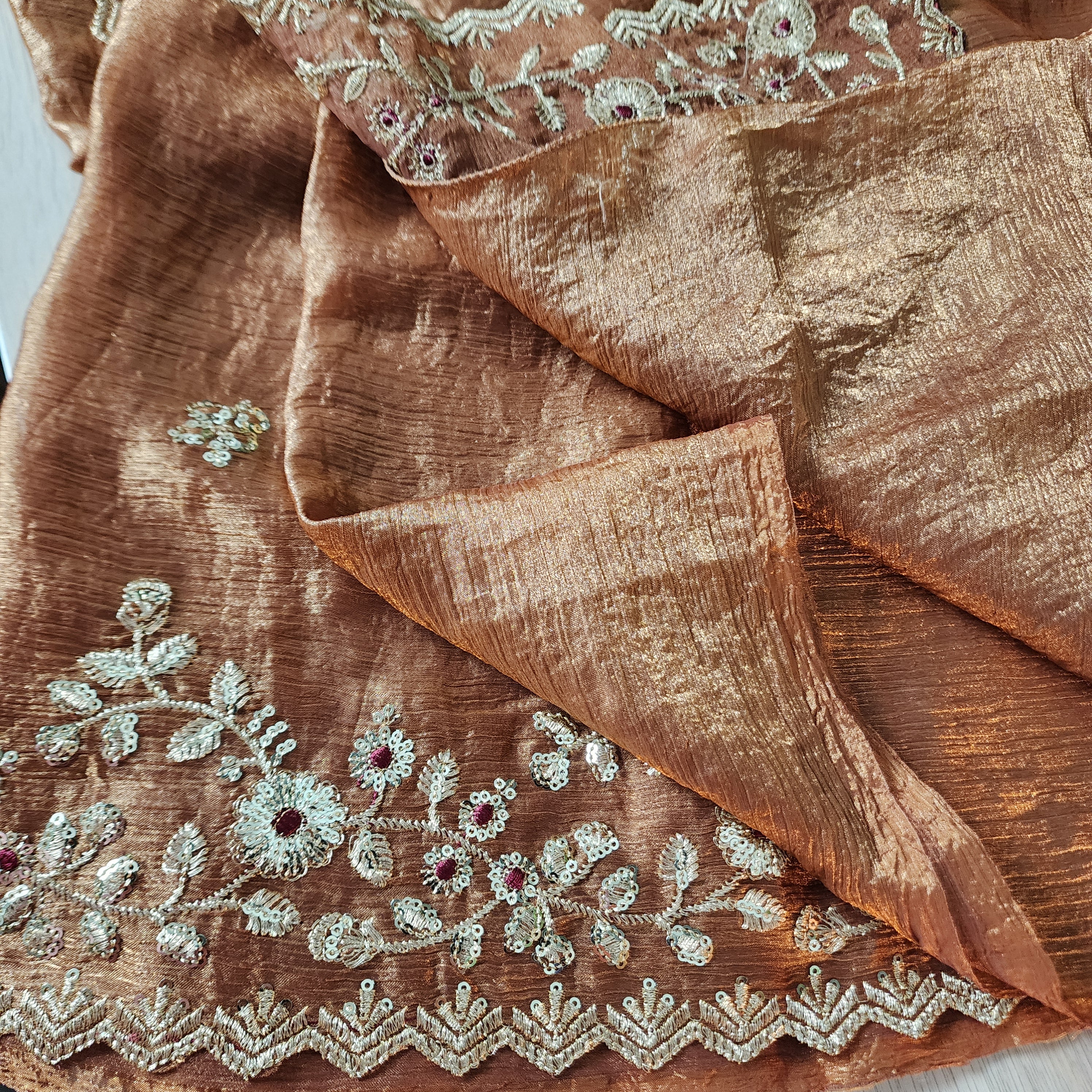 Brownish Copper Designer Chiffon Silk Saree with Sequin Embroidery
