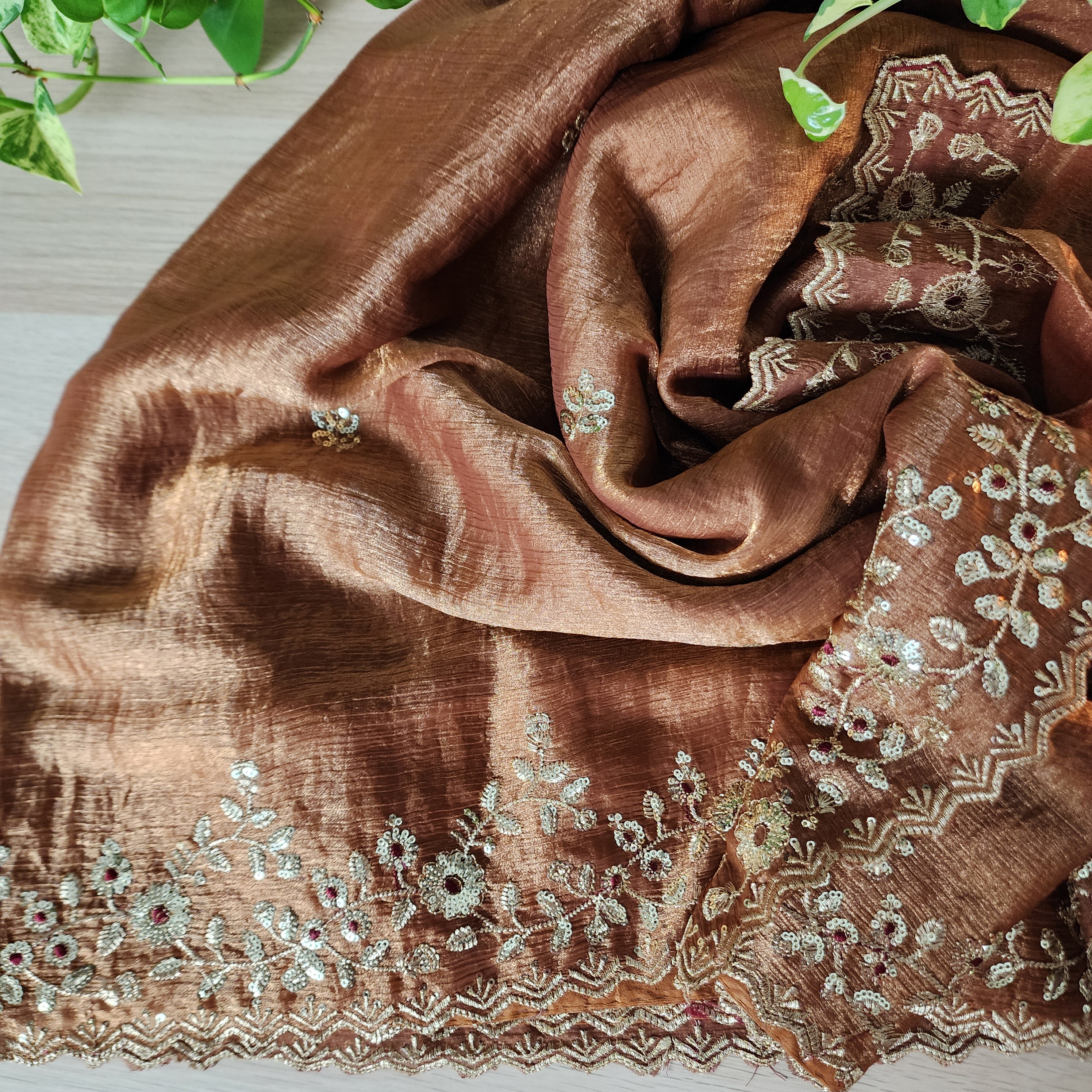 Brownish Copper Designer Chiffon Silk Saree with Sequin Embroidery
