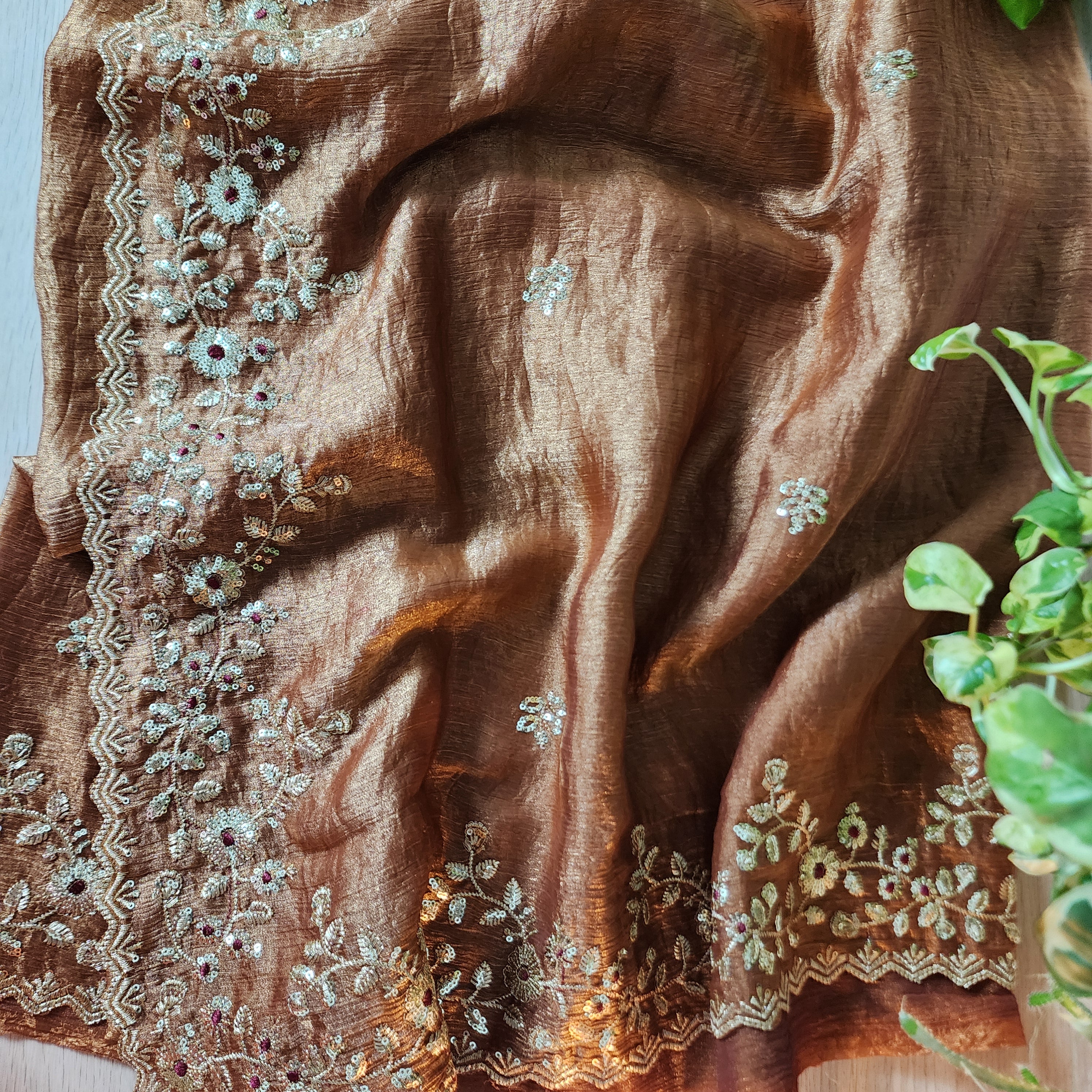 Brownish Copper Designer Chiffon Silk Saree with Sequin Embroidery