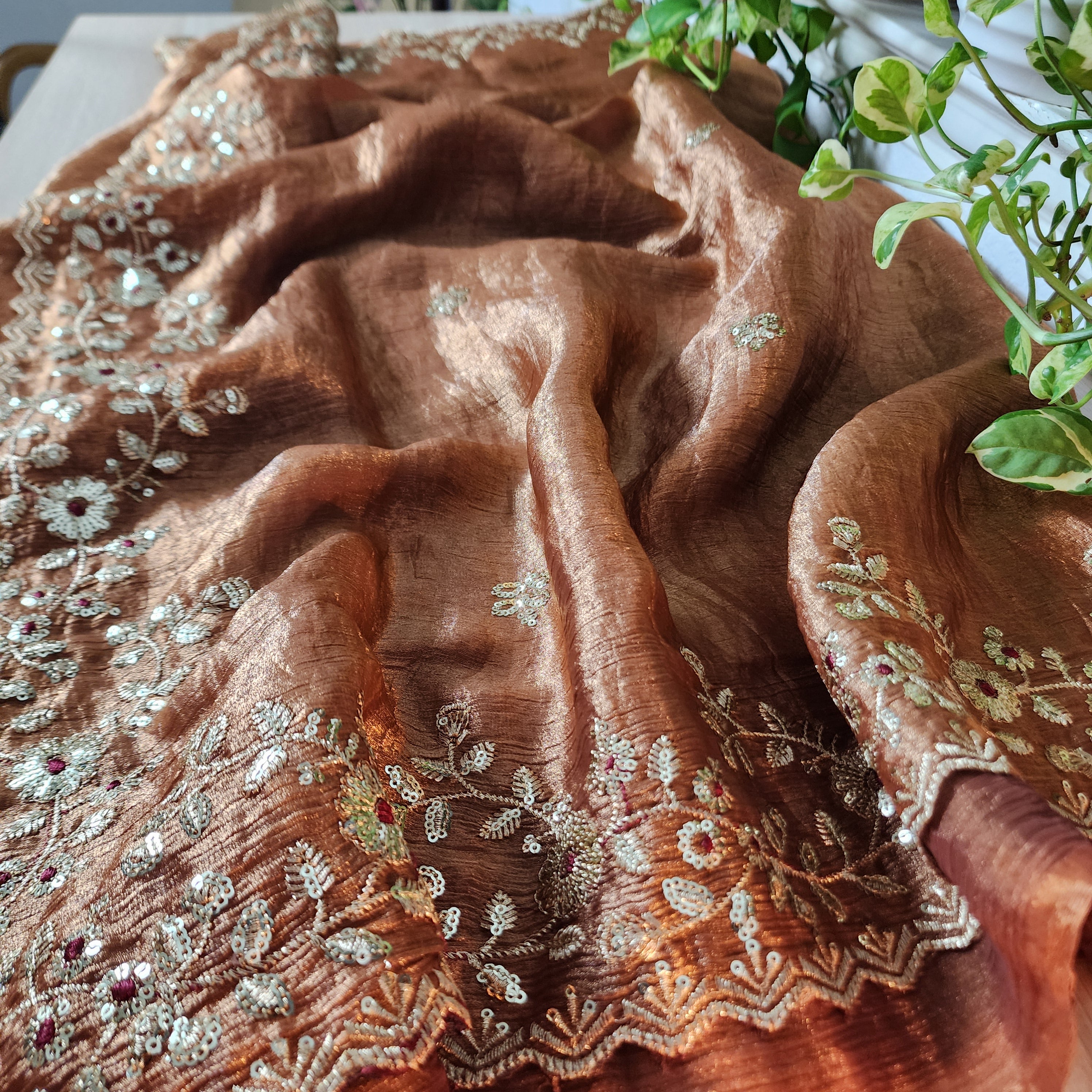 Brownish Copper Designer Chiffon Silk Saree with Sequin Embroidery