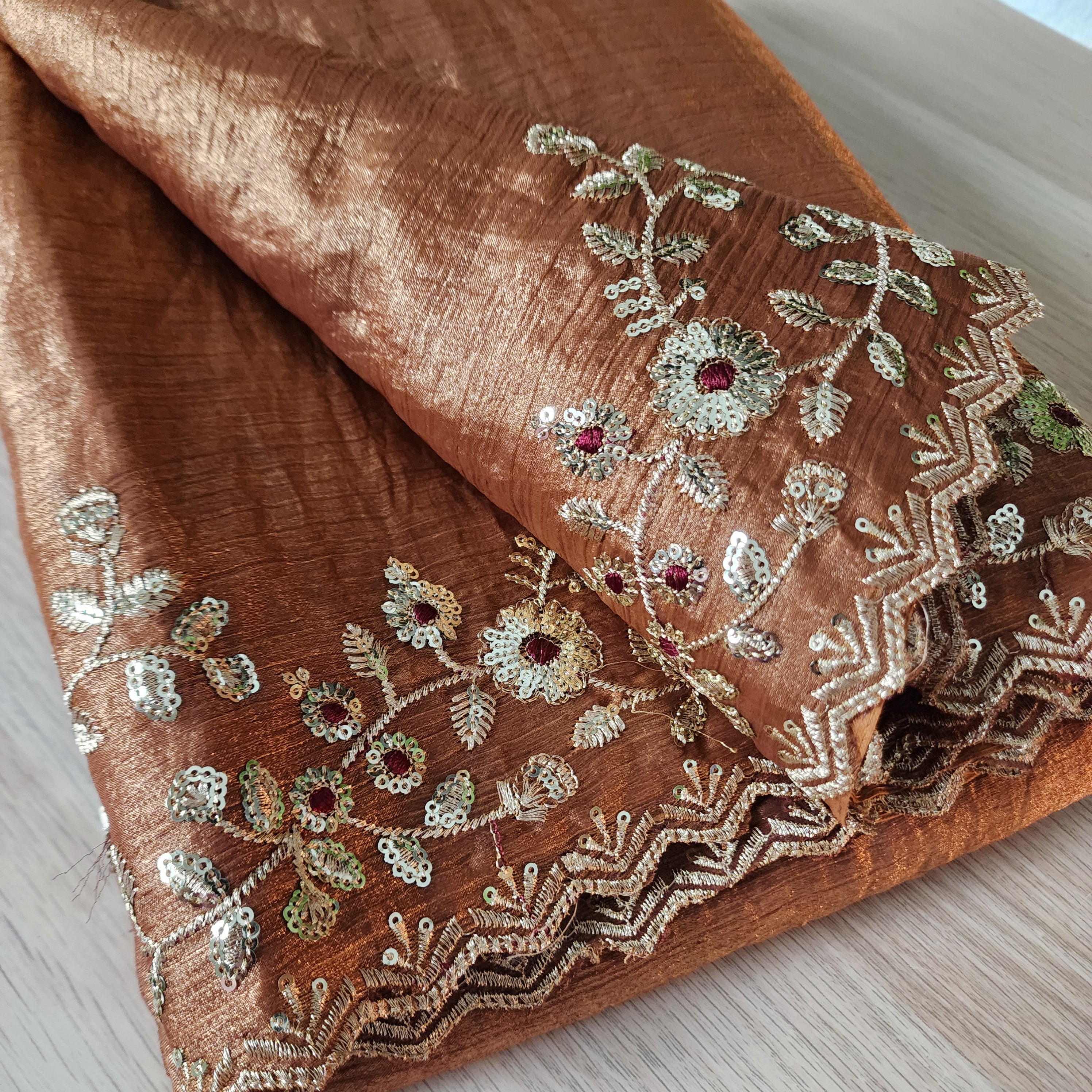 Brownish Copper Designer Chiffon Silk Saree with Sequin Embroidery