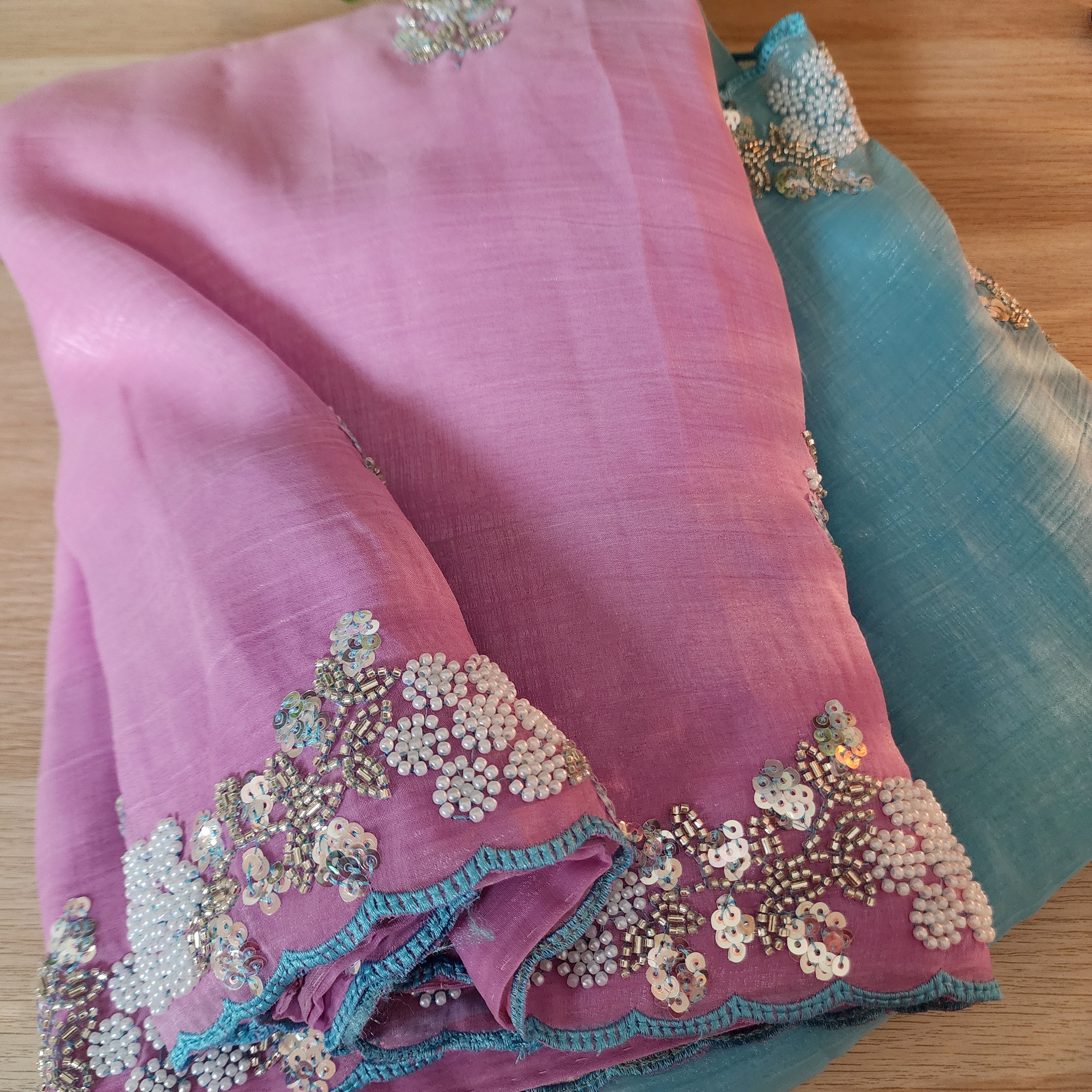 Dual Shade Pastel Blue and Pink Designer Chiffon Silk Saree
