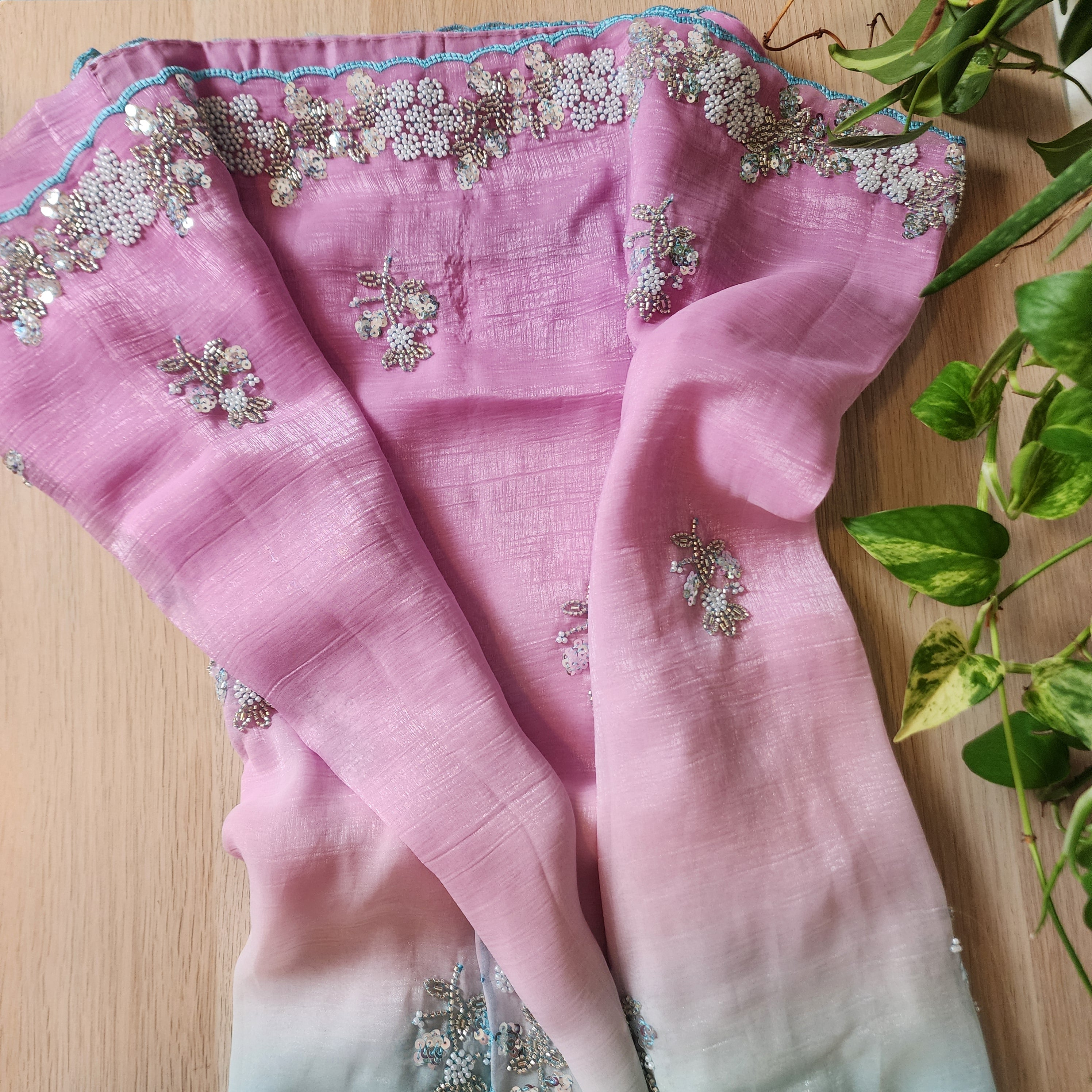 Dual Shade Pastel Blue and Pink Designer Chiffon Silk Saree