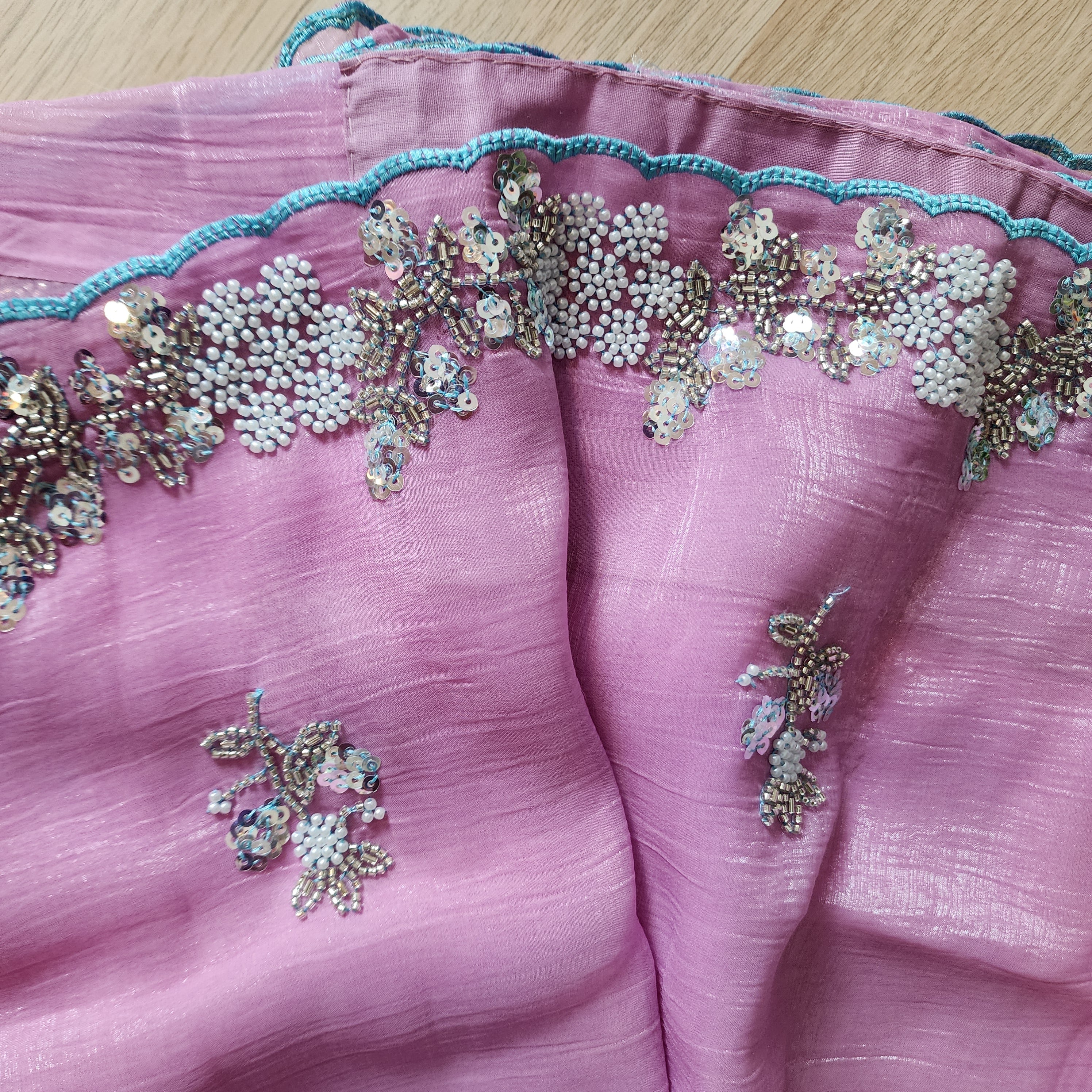 Dual Shade Pastel Blue and Pink Designer Chiffon Silk Saree