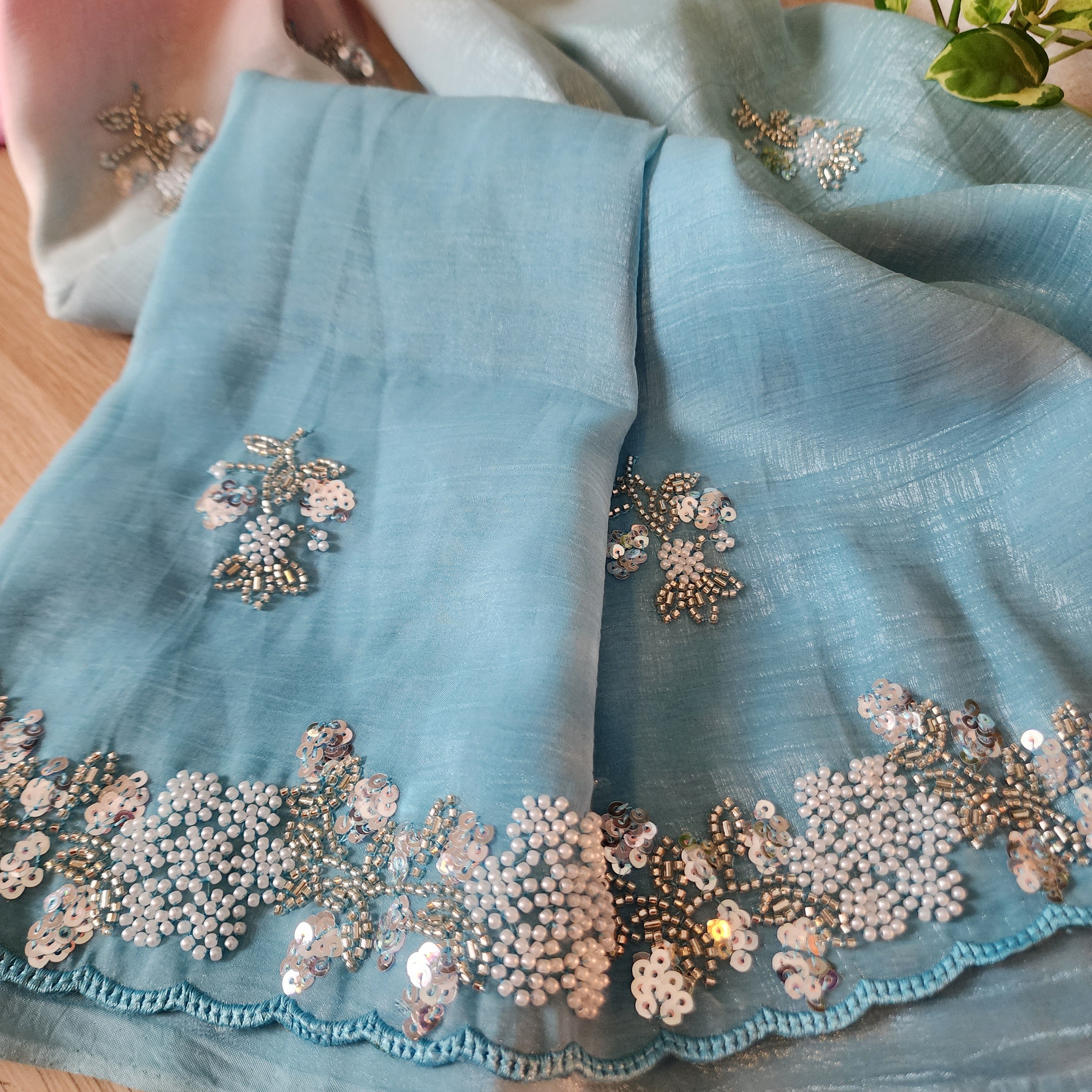 Dual Shade Pastel Blue and Pink Designer Chiffon Silk Saree