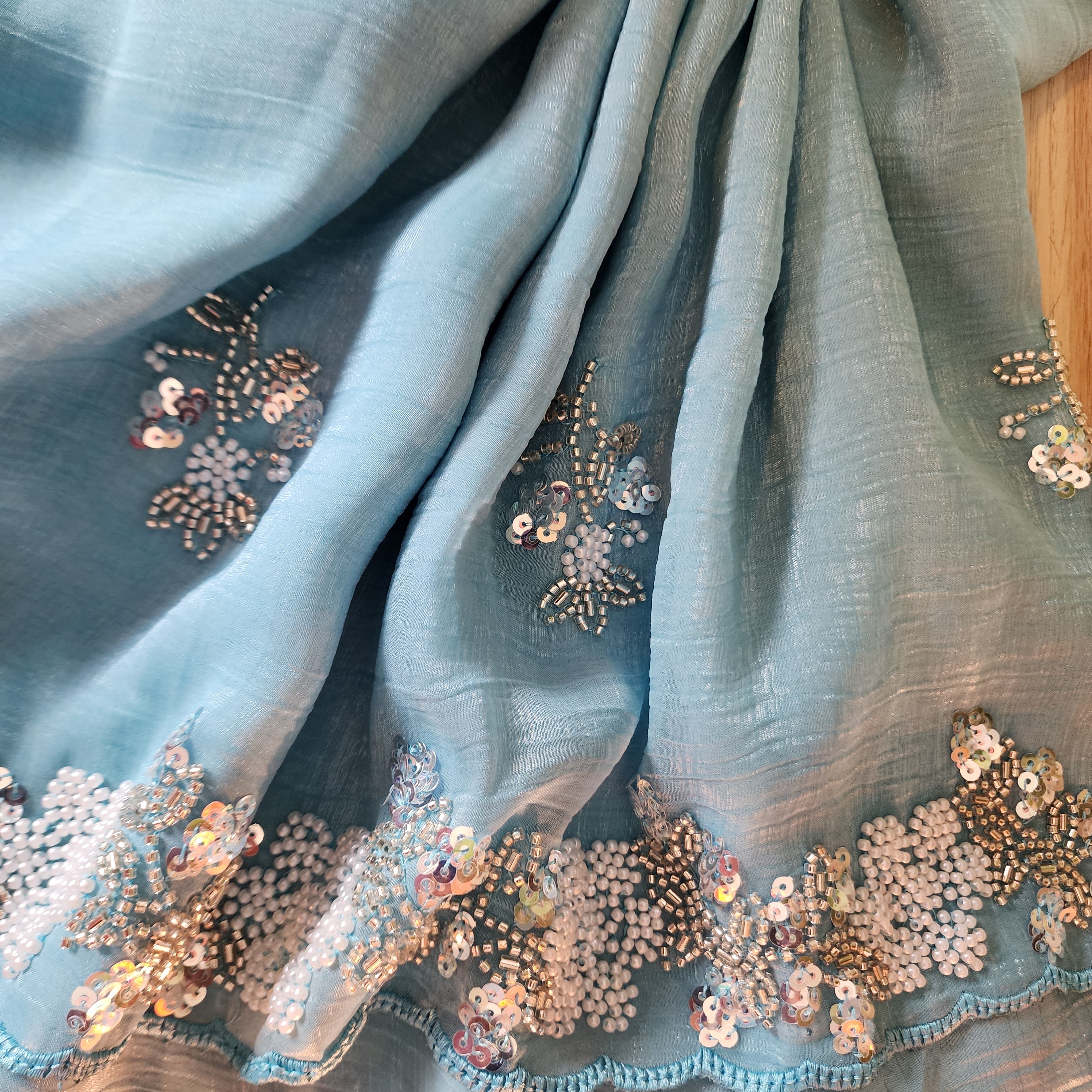 Dual Shade Pastel Blue and Pink Designer Chiffon Silk Saree