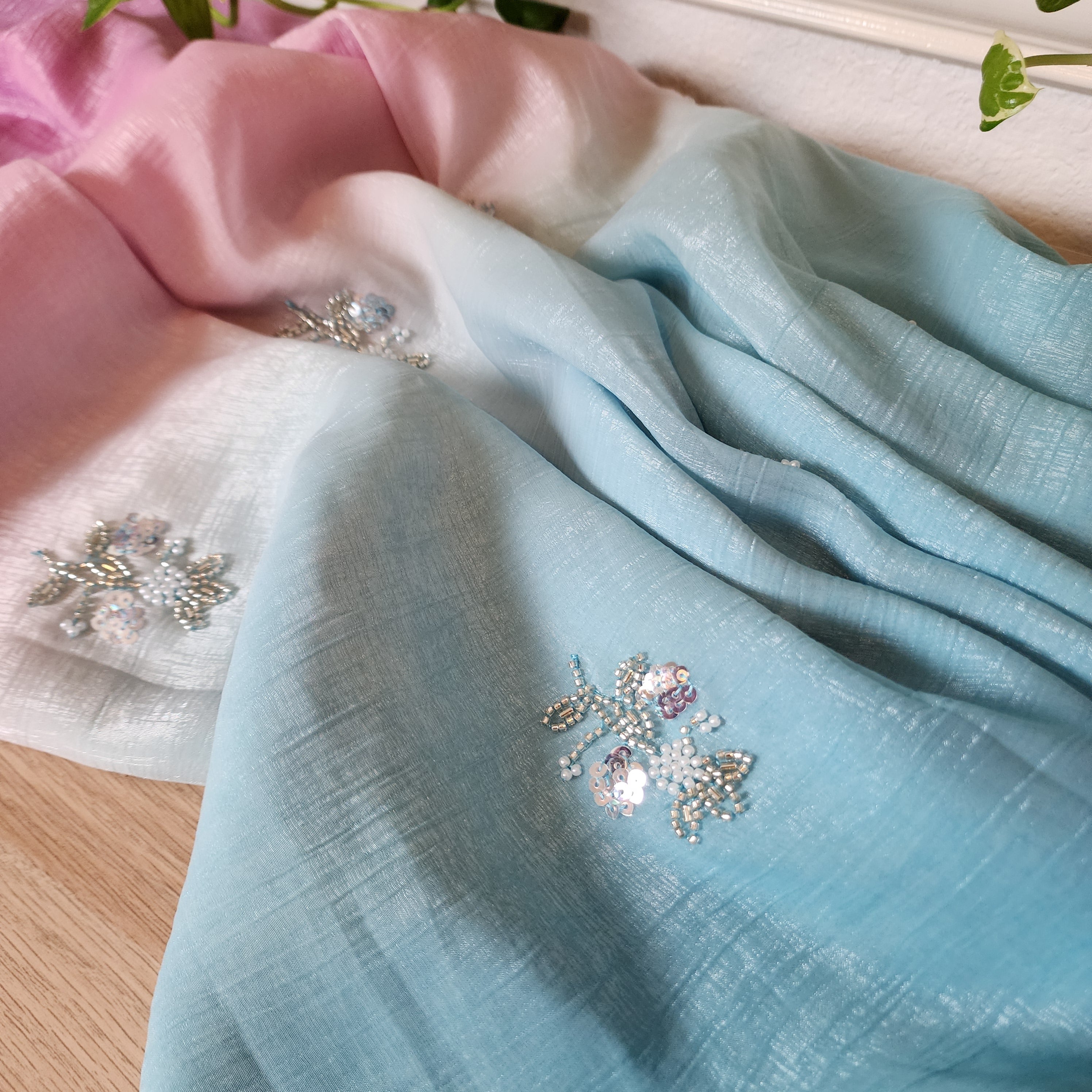 Dual Shade Pastel Blue and Pink Designer Chiffon Silk Saree