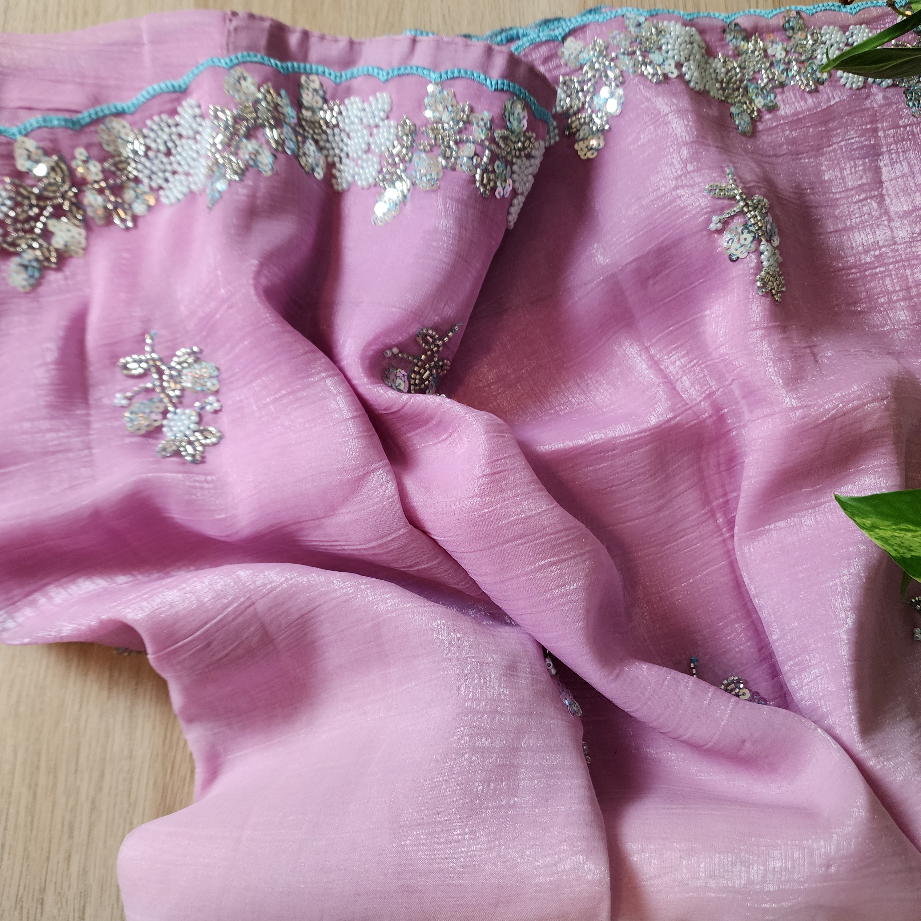 Dual Shade Pastel Blue and Pink Designer Chiffon Silk Saree