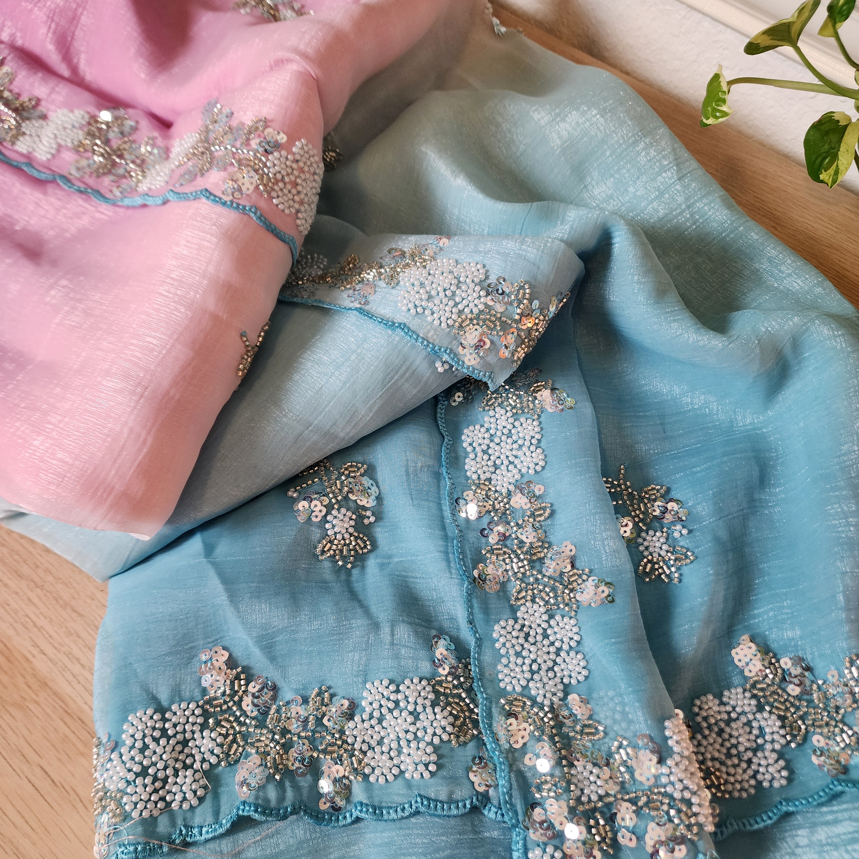 Dual Shade Pastel Blue and Pink Designer Chiffon Silk Saree