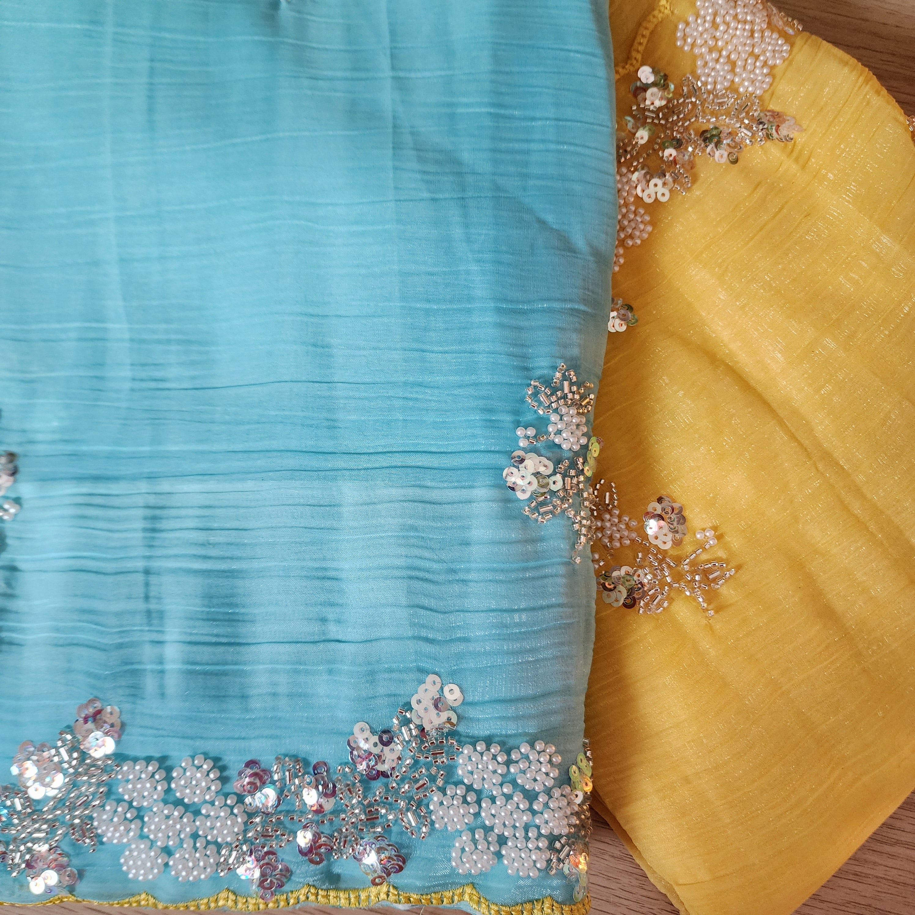 Dual Shade Pastel Blue and Yellow Designer Chiffon Silk Saree