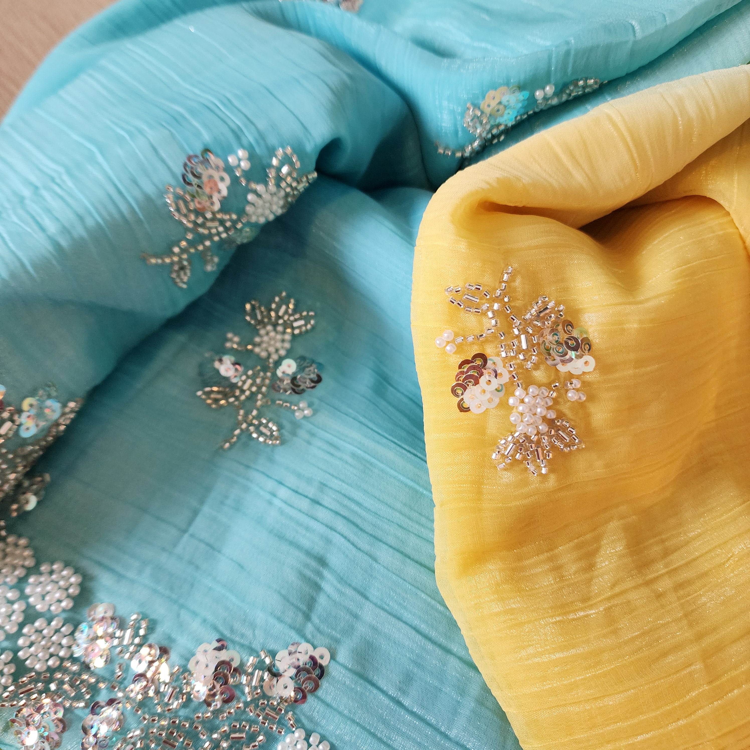 Dual Shade Pastel Blue and Yellow Designer Chiffon Silk Saree