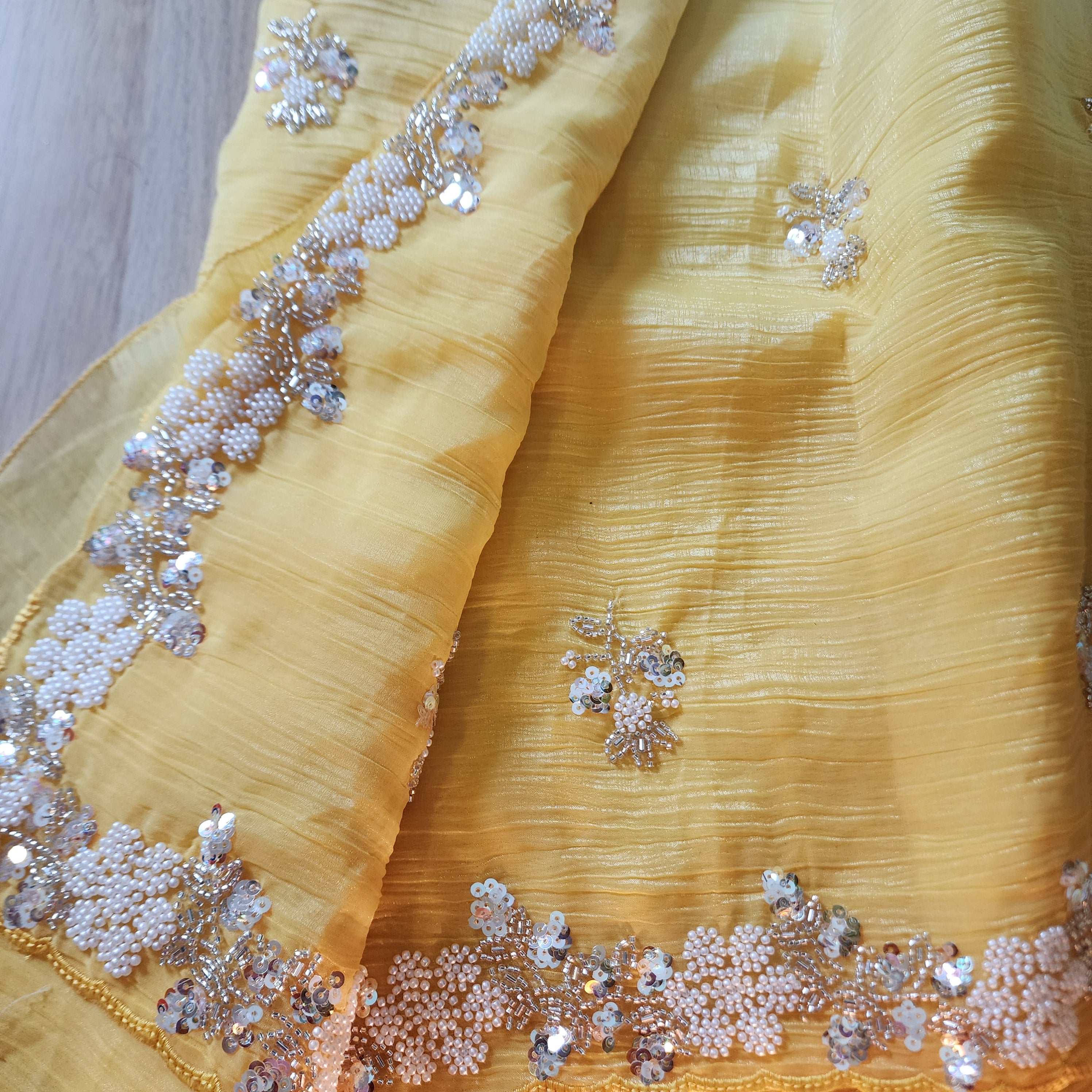 Dual Shade Pastel Blue and Yellow Designer Chiffon Silk Saree