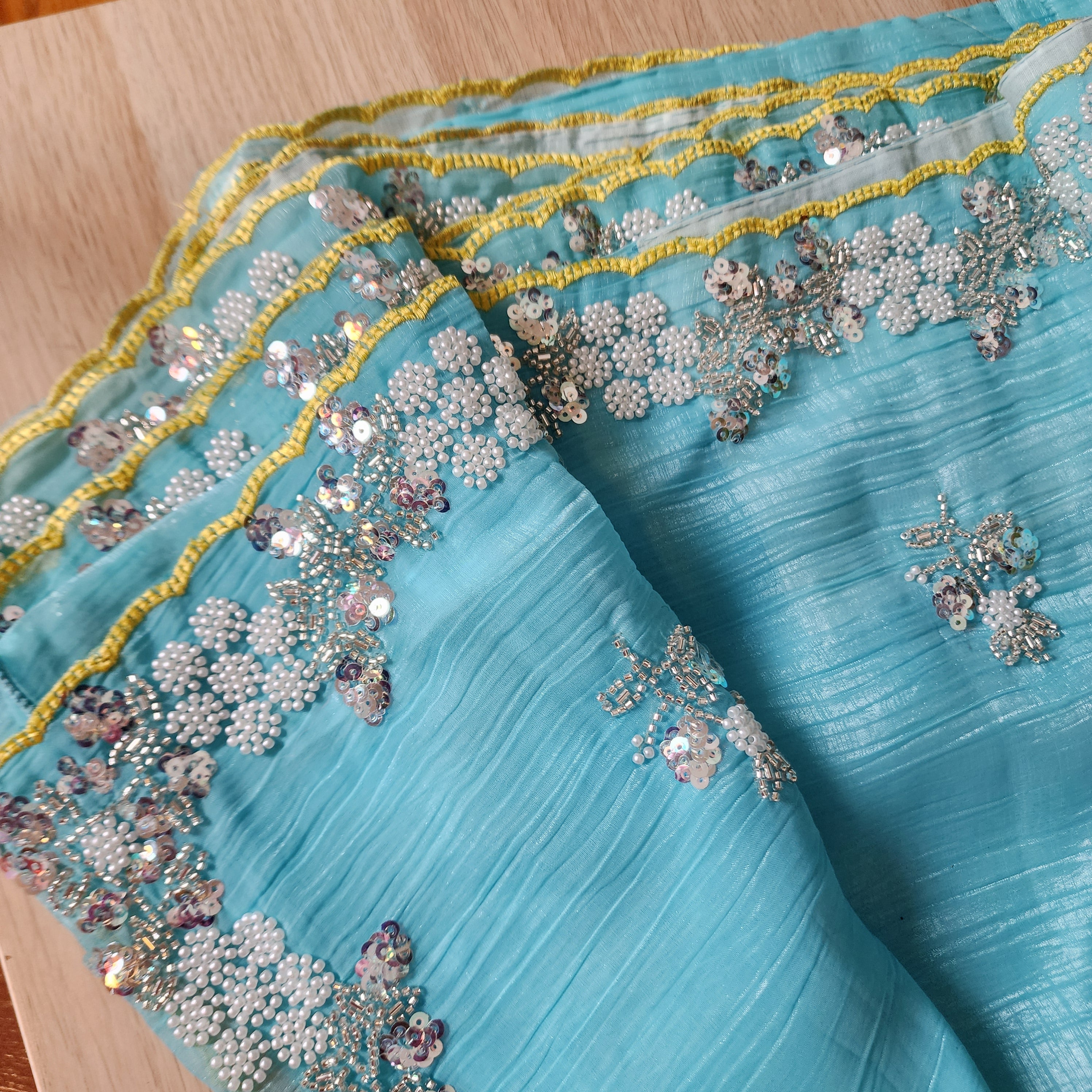Dual Shade Pastel Blue and Yellow Designer Chiffon Silk Saree