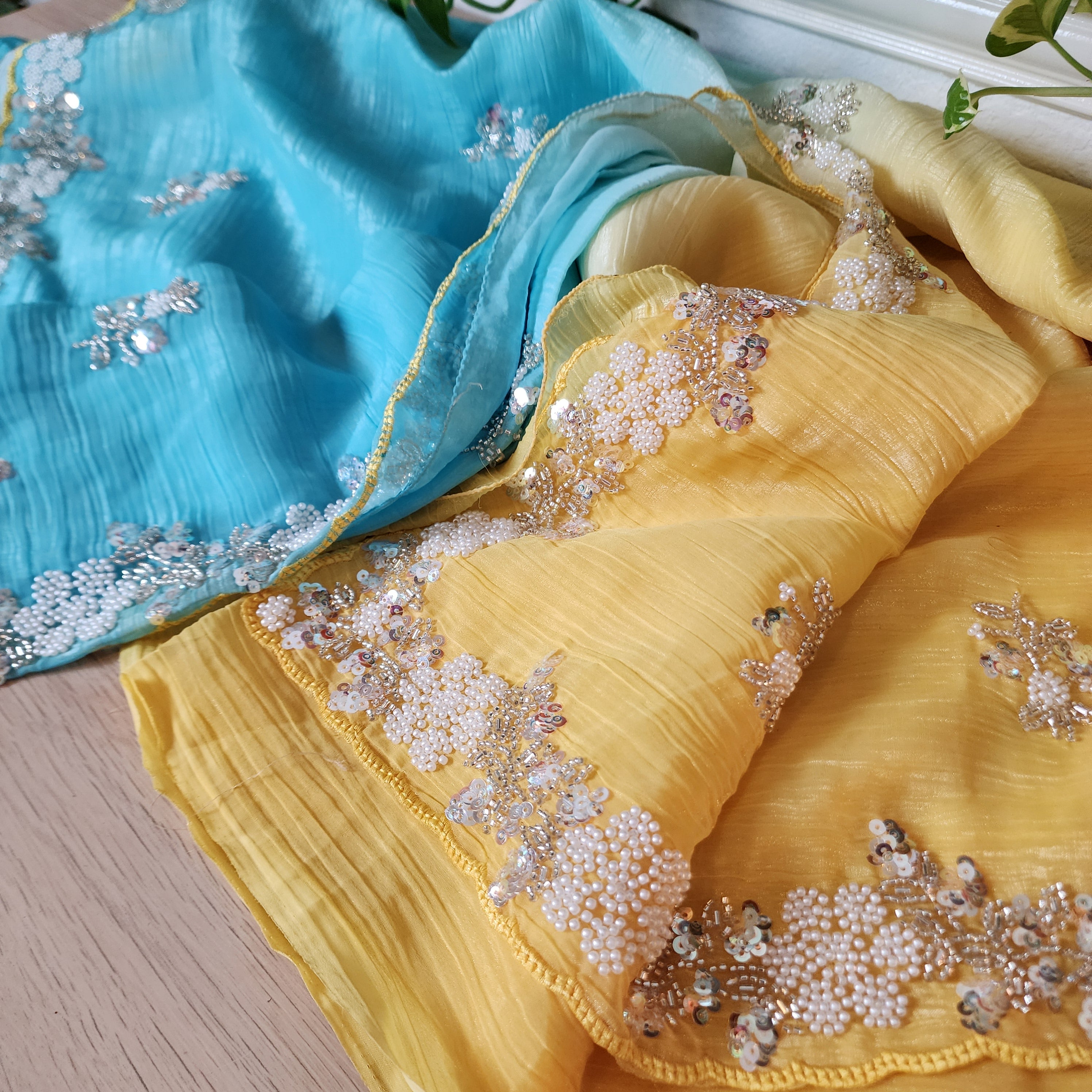 Dual Shade Pastel Blue and Yellow Designer Chiffon Silk Saree