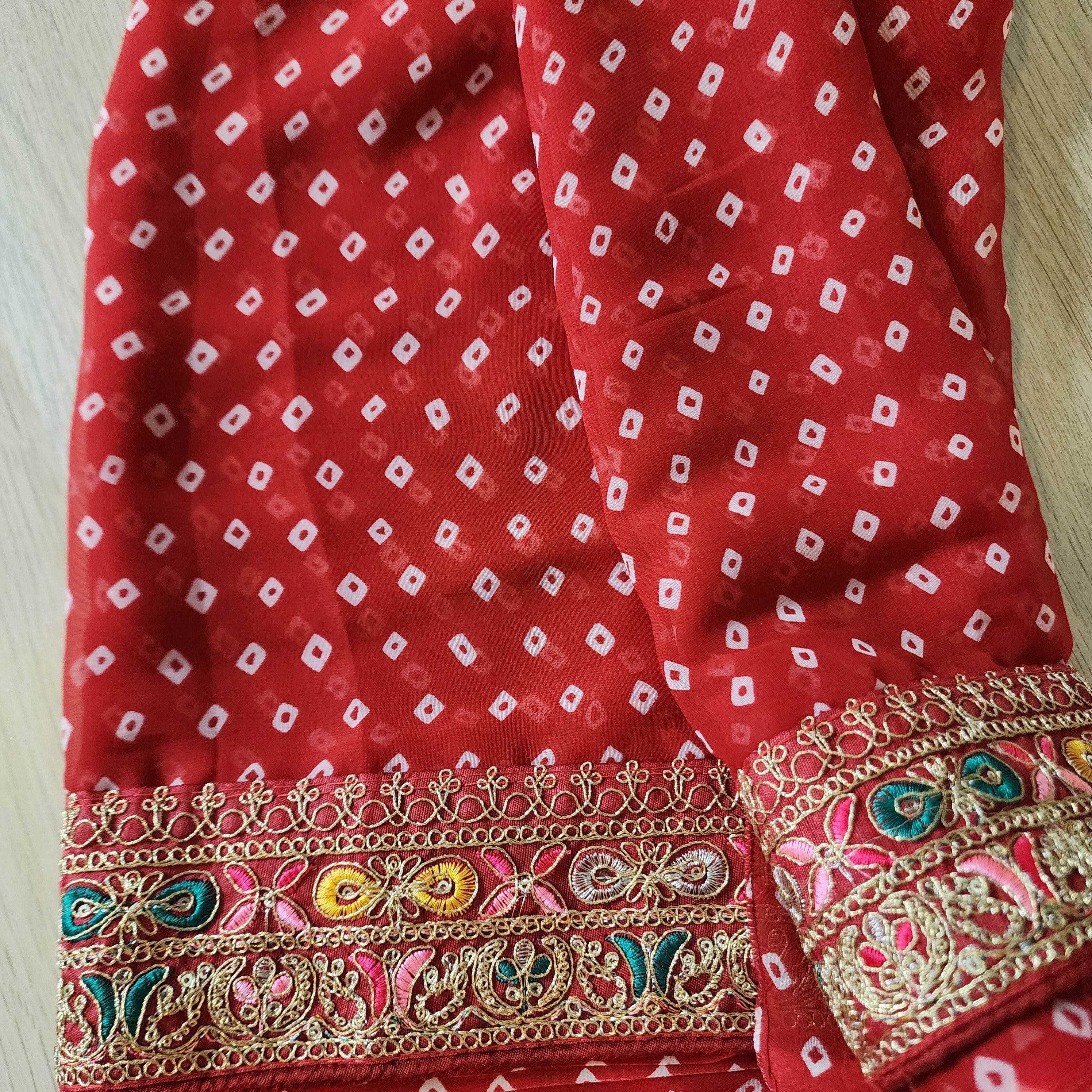 Embroidered Bandhani Designer Saree in Red