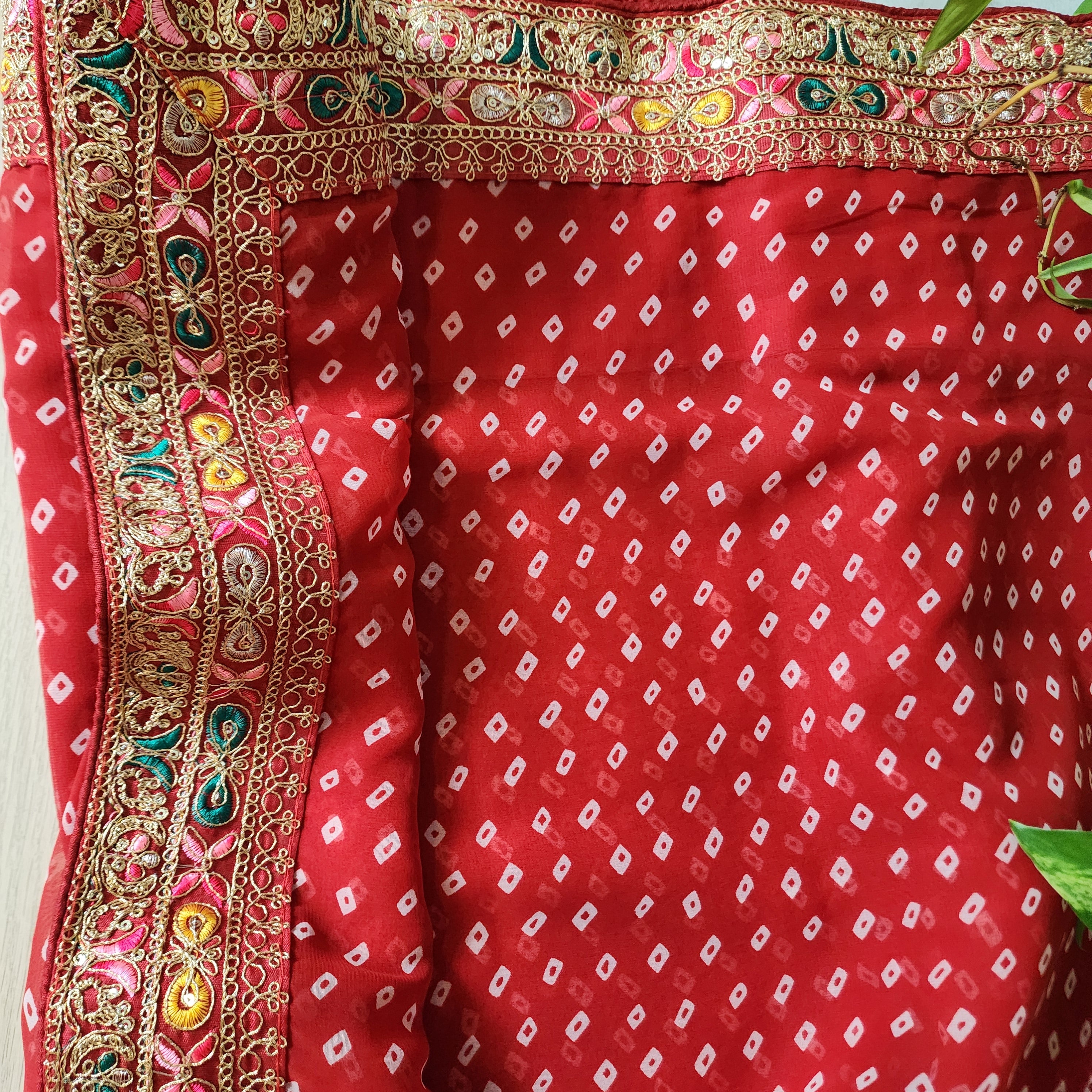 Embroidered Bandhani Designer Saree in Red