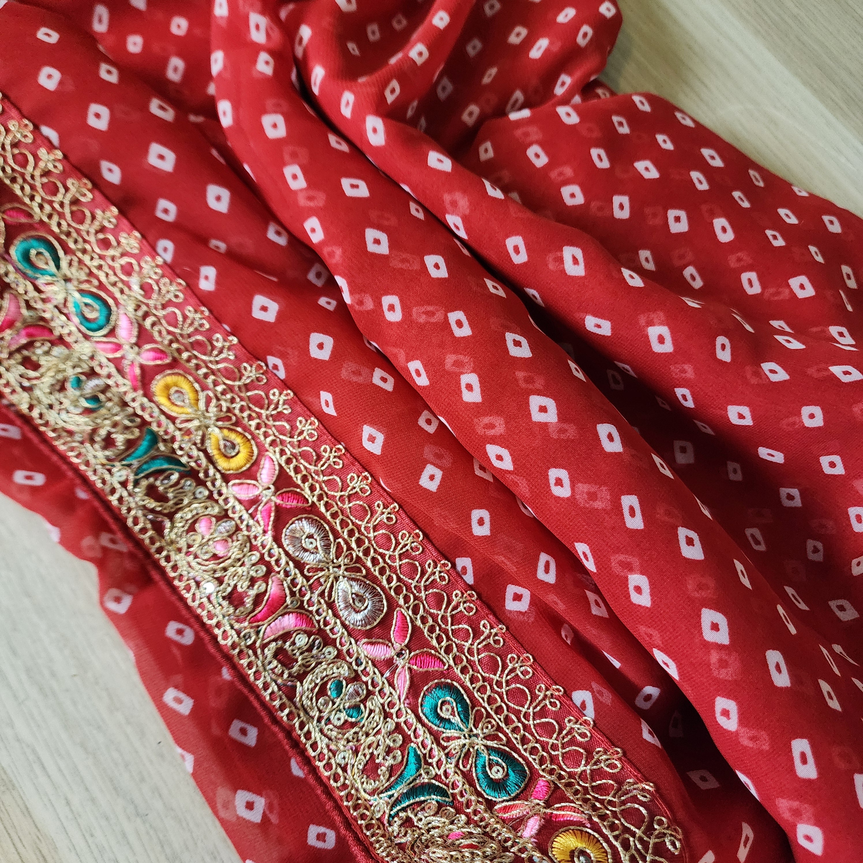 Embroidered Bandhani Designer Saree in Red