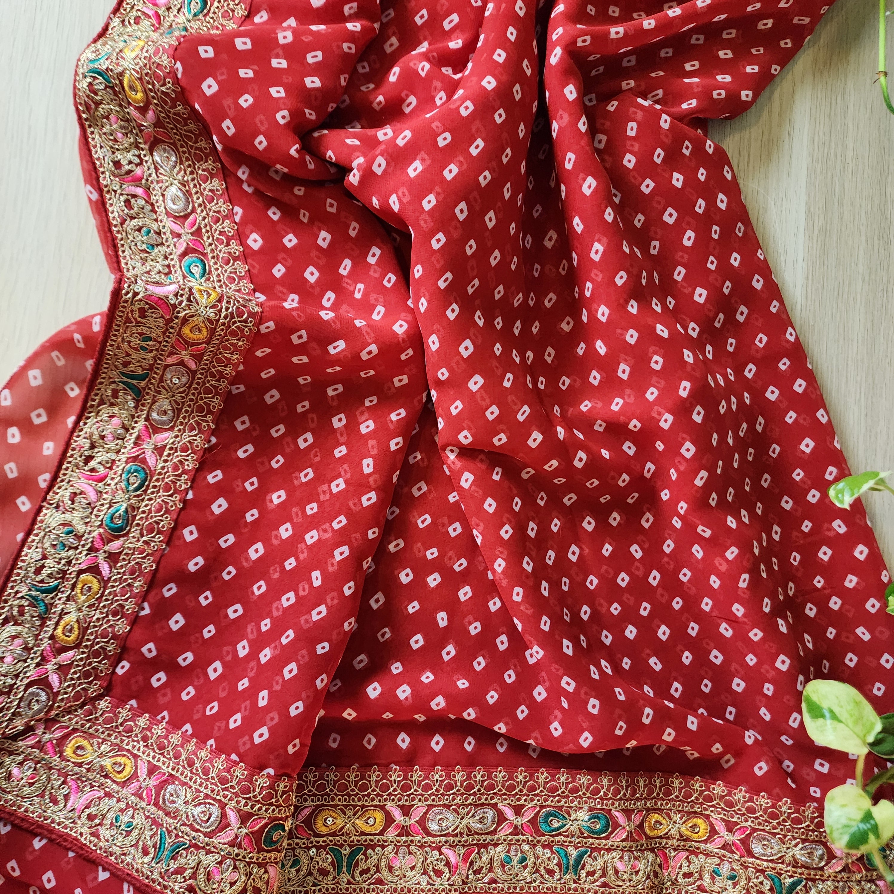 Embroidered Bandhani Designer Saree in Red