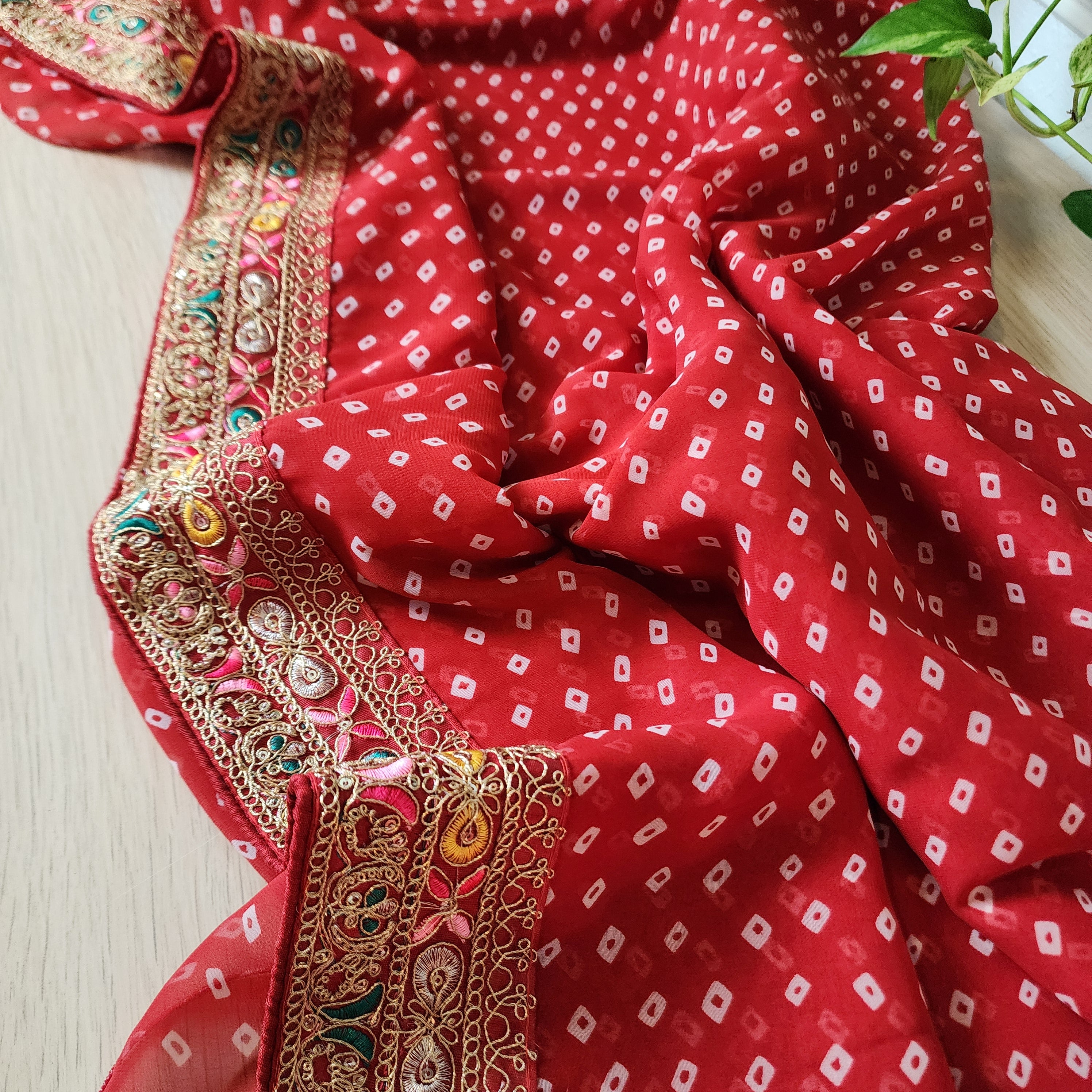 Embroidered Bandhani Designer Saree in Red