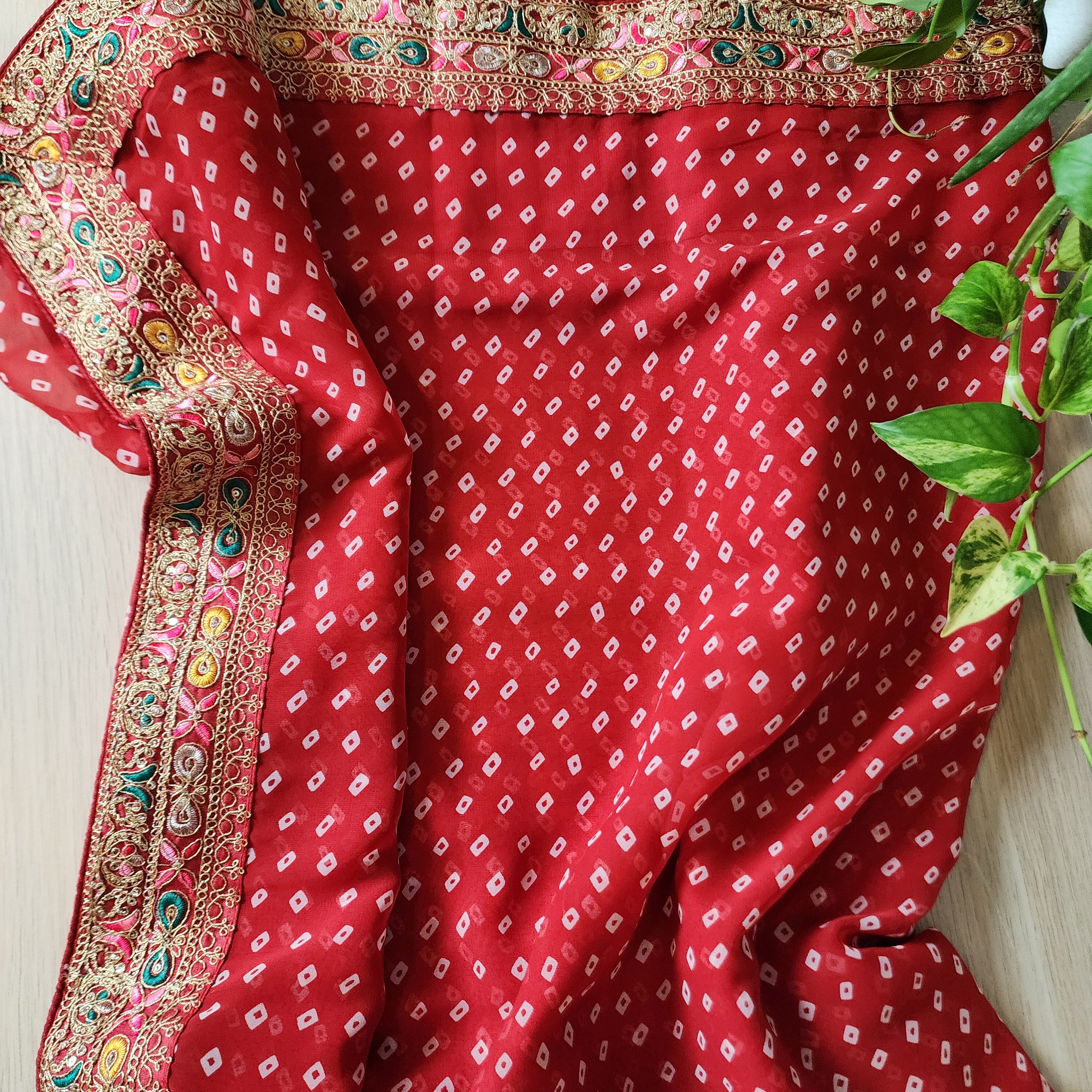 Embroidered Bandhani Designer Saree in Red