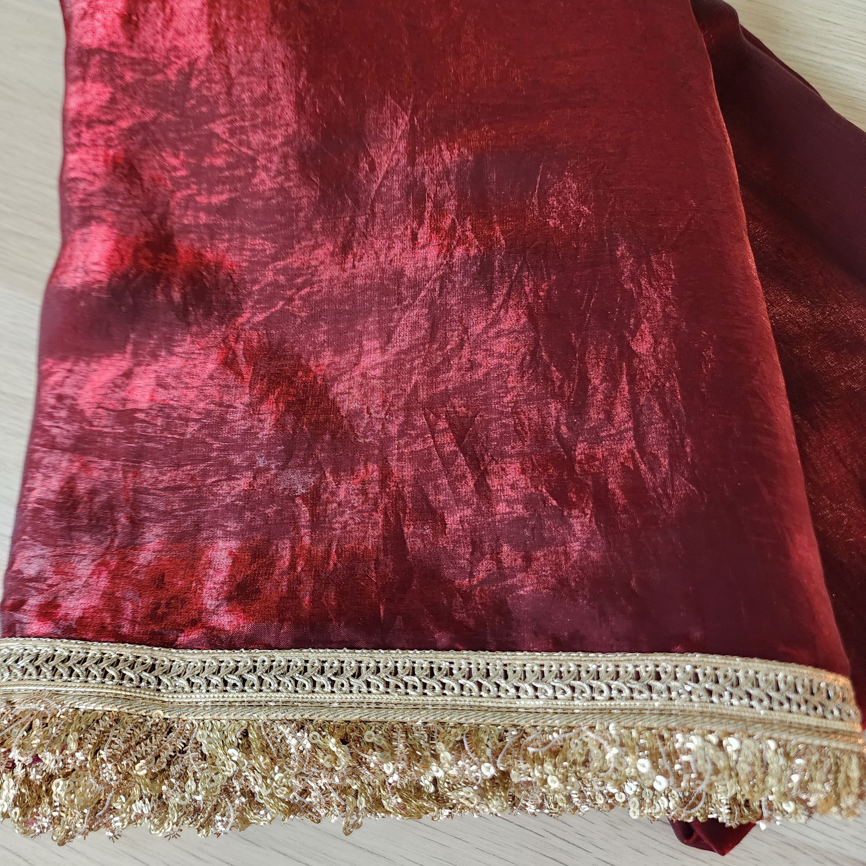 Designer Tissue Silk Saree - Maroon Red with Readymade Blouse