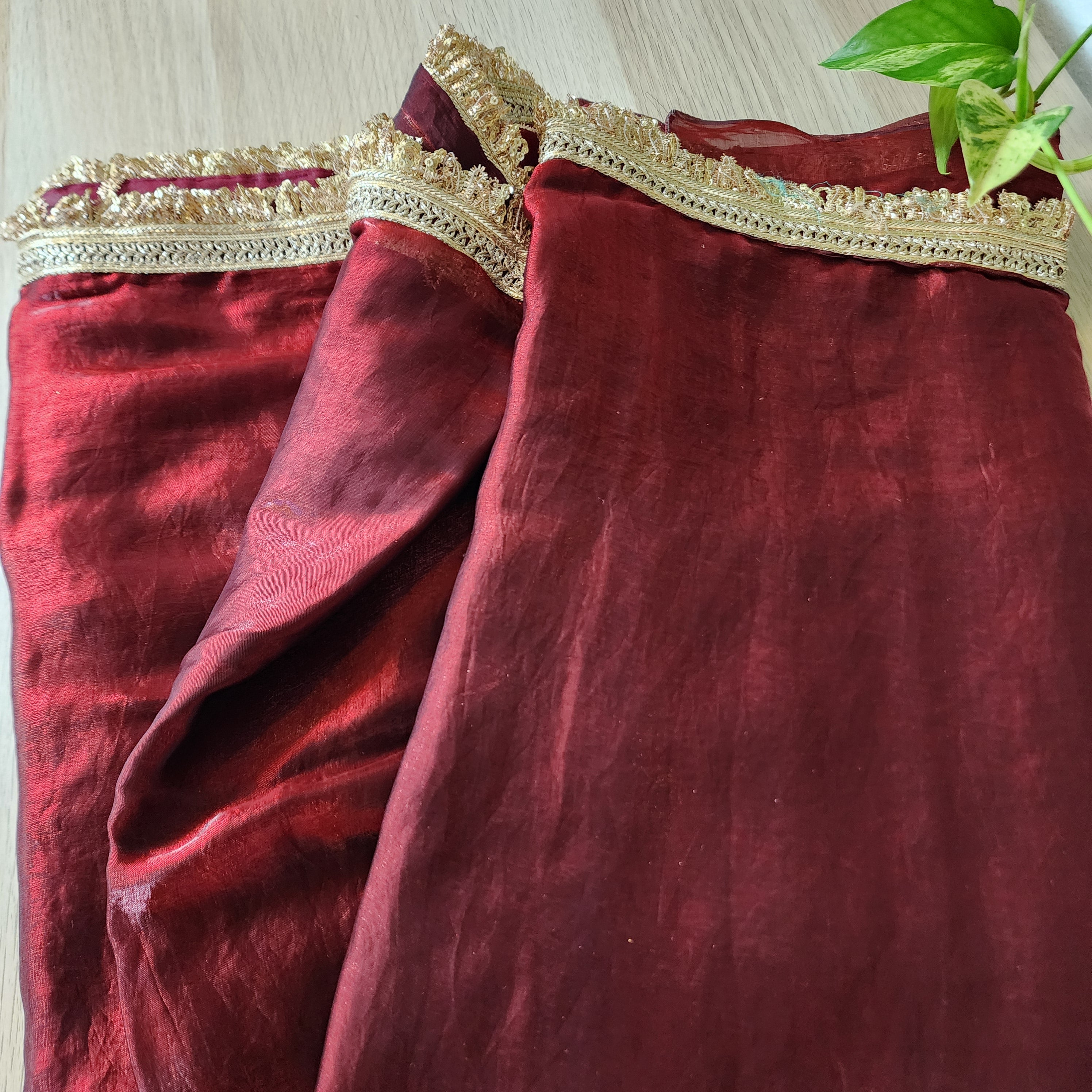 Designer Tissue Silk Saree - Maroon Red with Readymade Blouse
