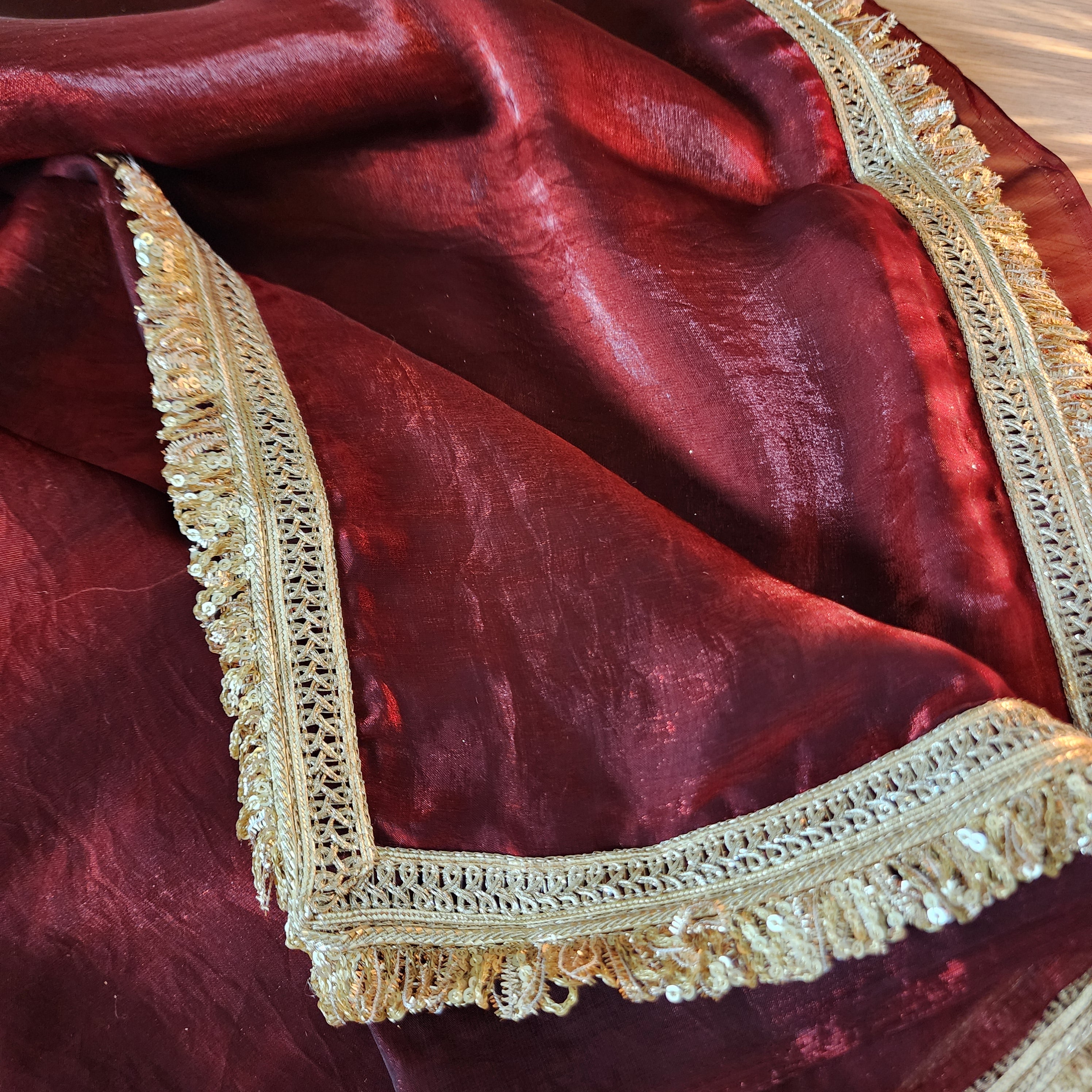 Designer Tissue Silk Saree - Maroon Red with Readymade Blouse