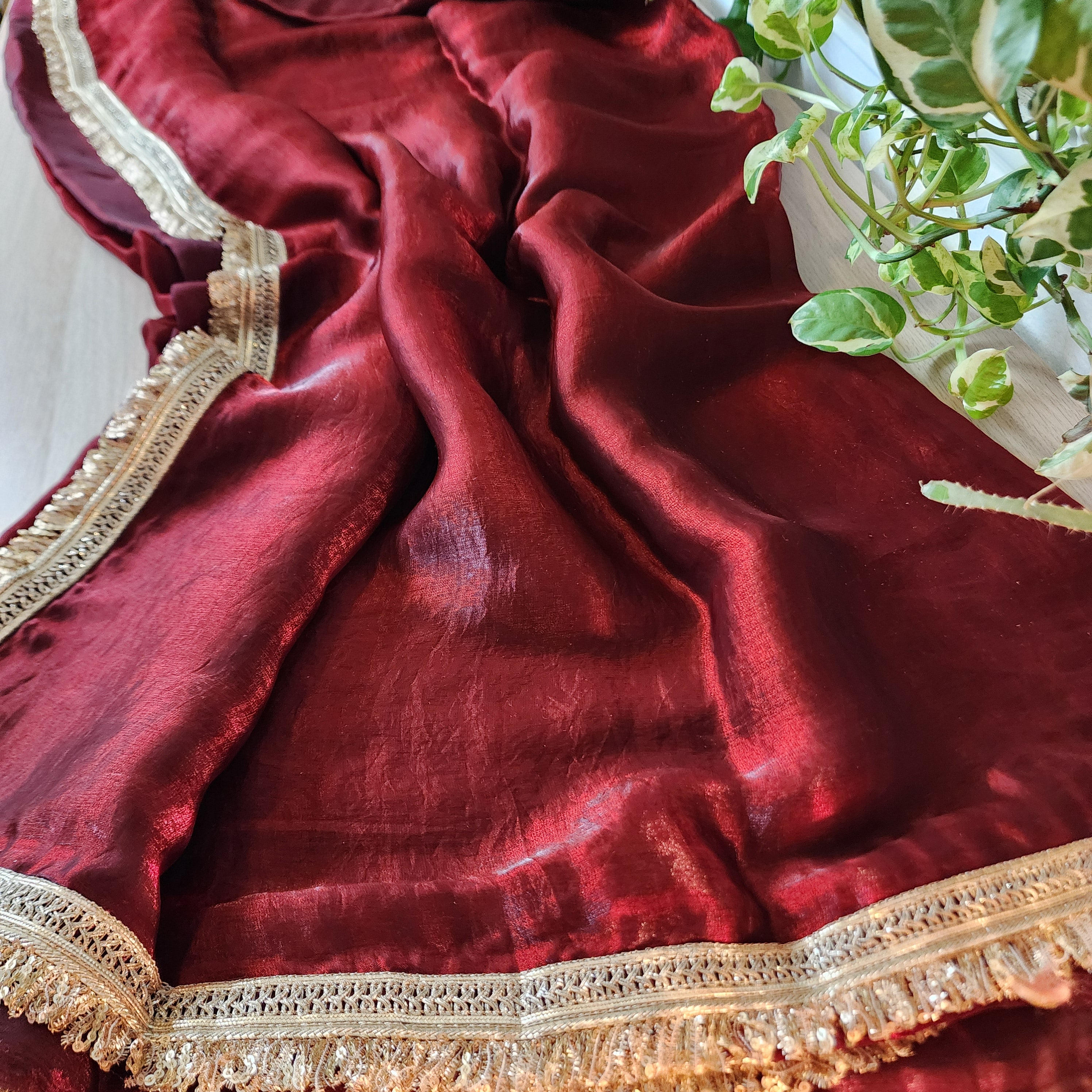 Designer Tissue Silk Saree - Maroon Red with Readymade Blouse