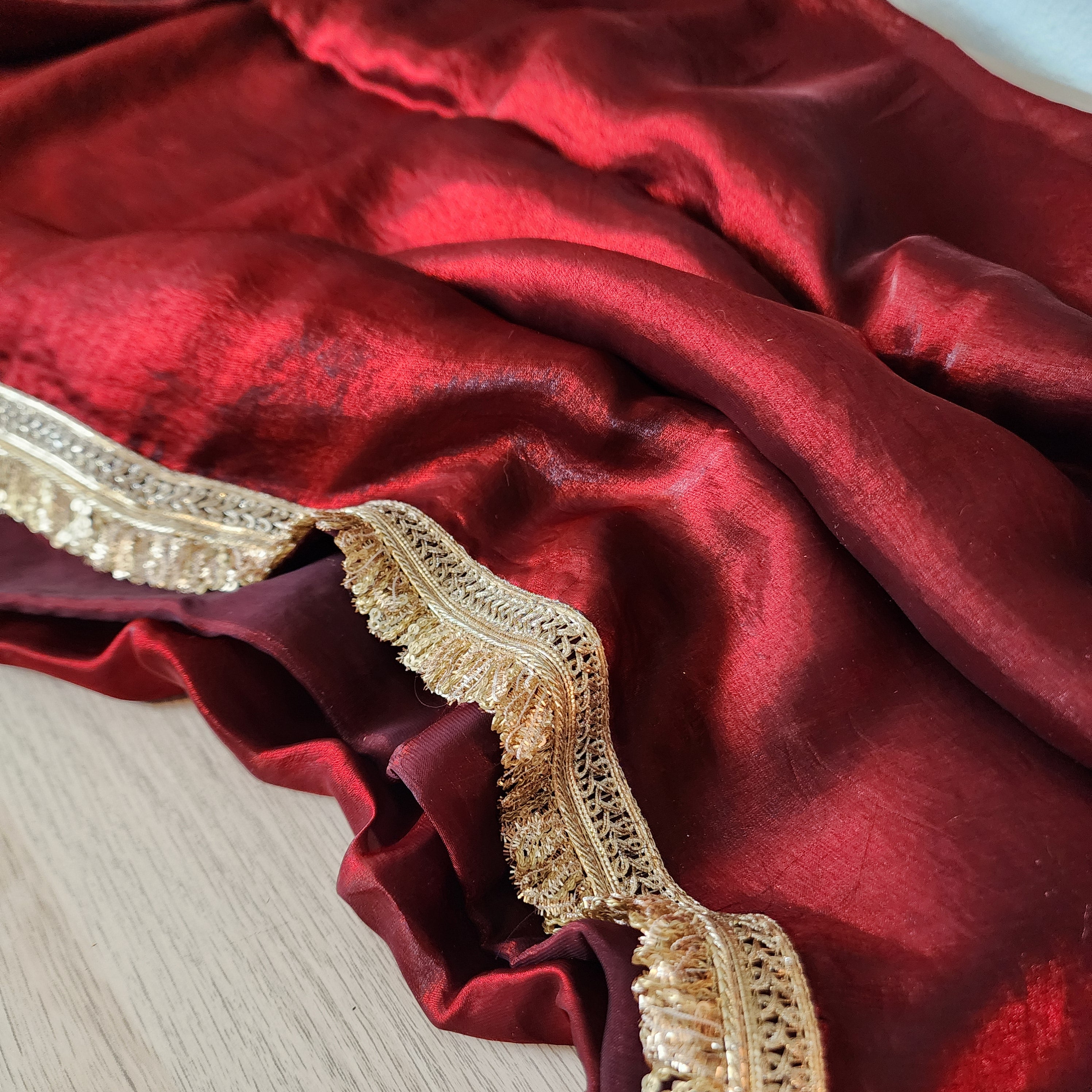 Designer Tissue Silk Saree - Maroon Red with Readymade Blouse