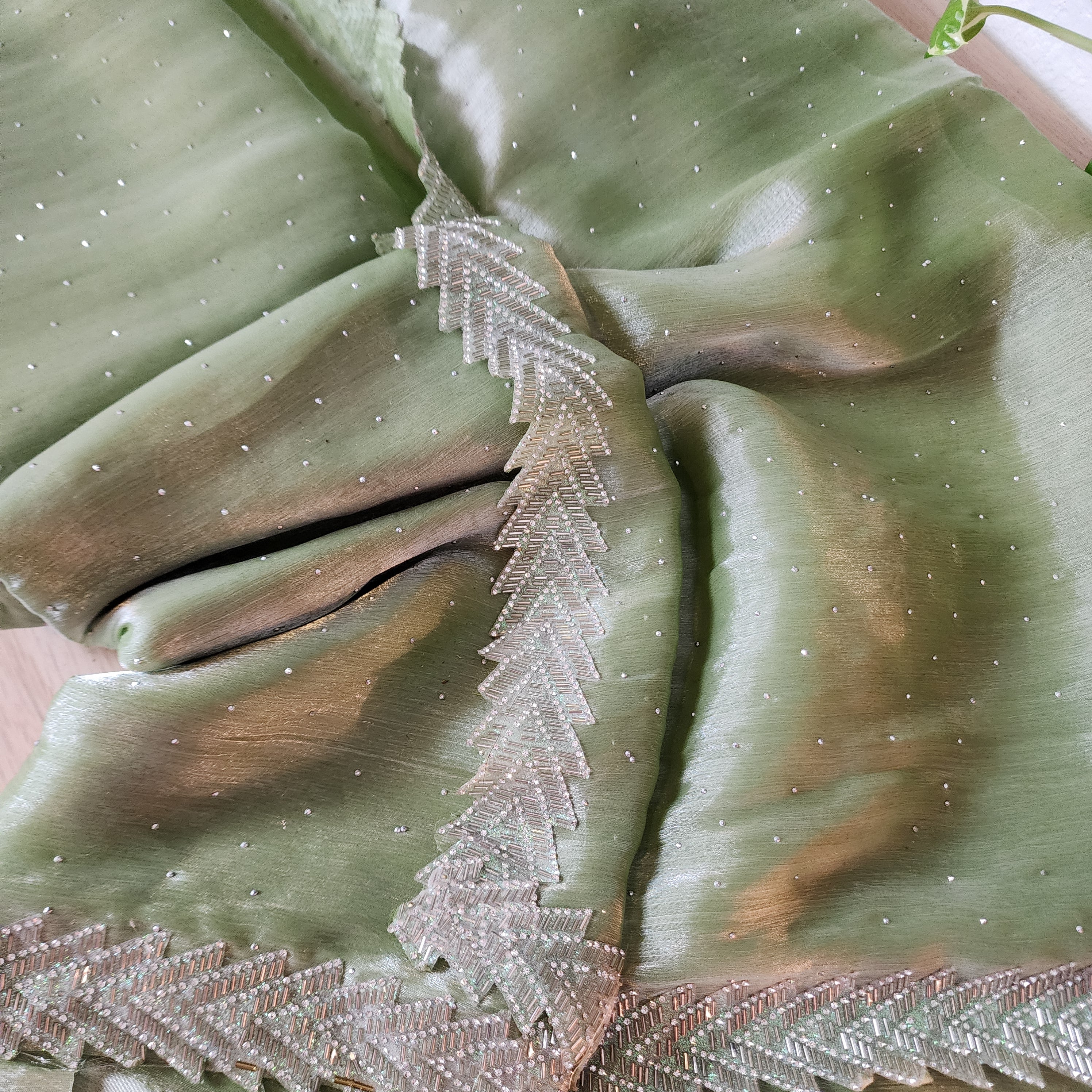 Pista Green Designer Chiffon Silk Saree