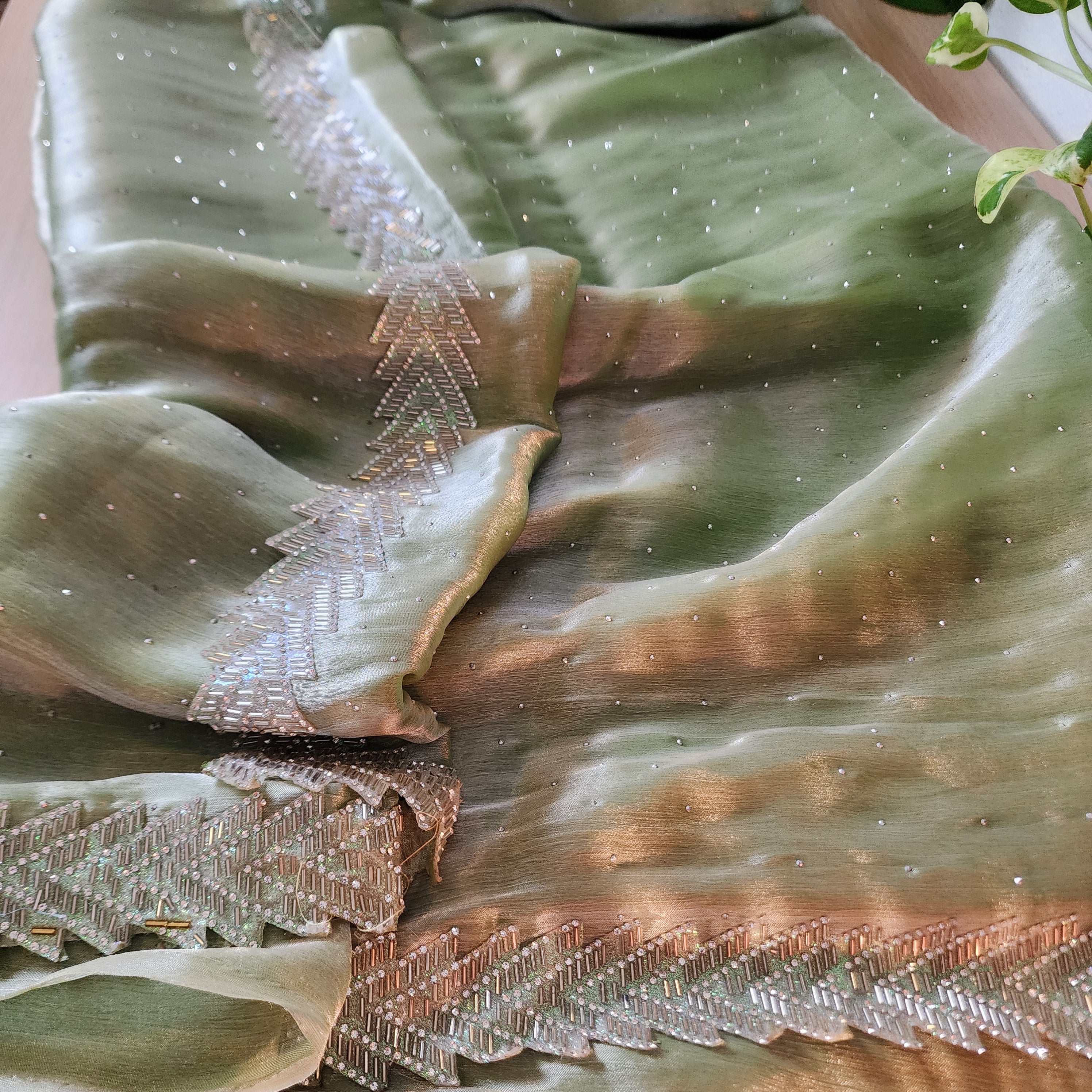 Pista Green Designer Chiffon Silk Saree