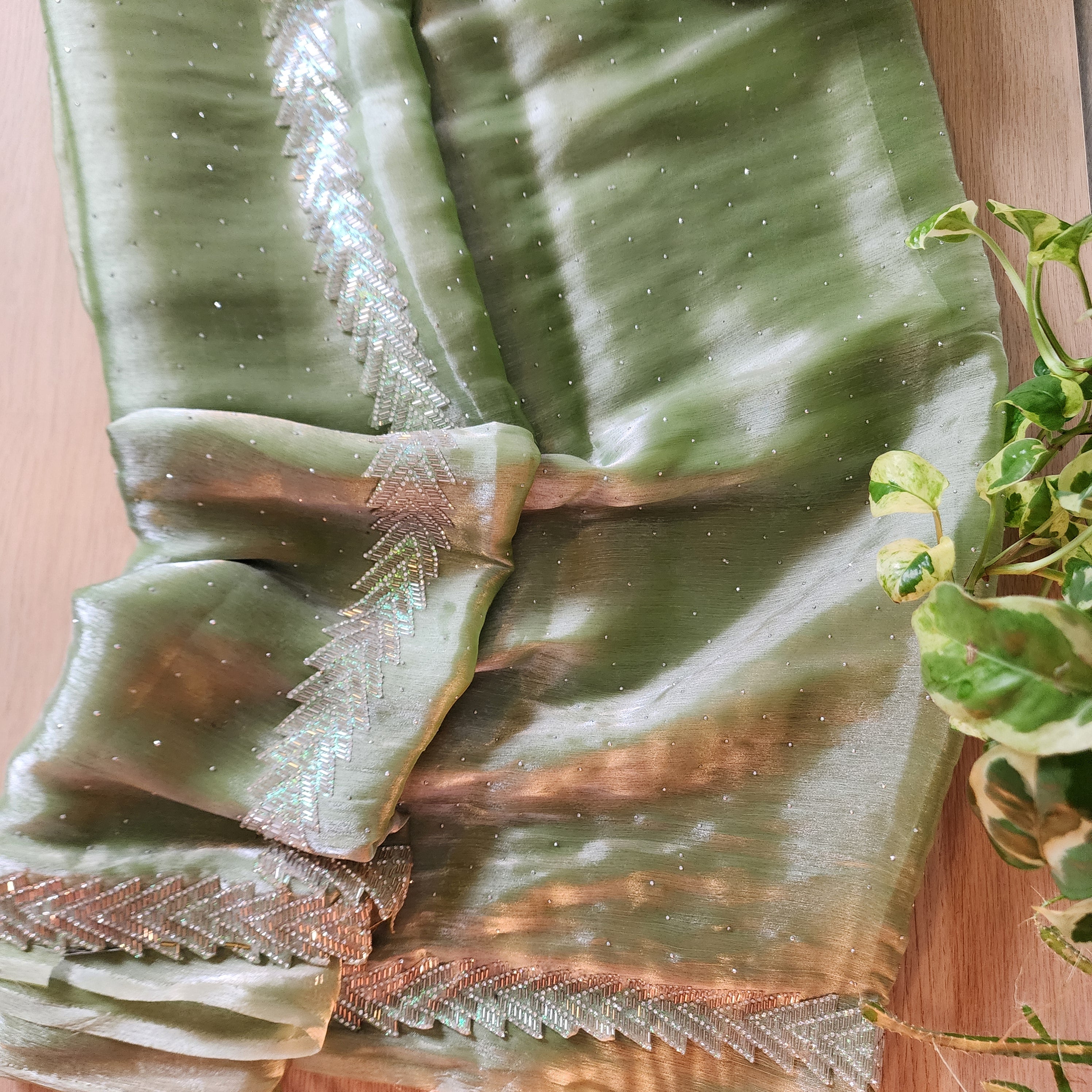 Pista Green Designer Chiffon Silk Saree