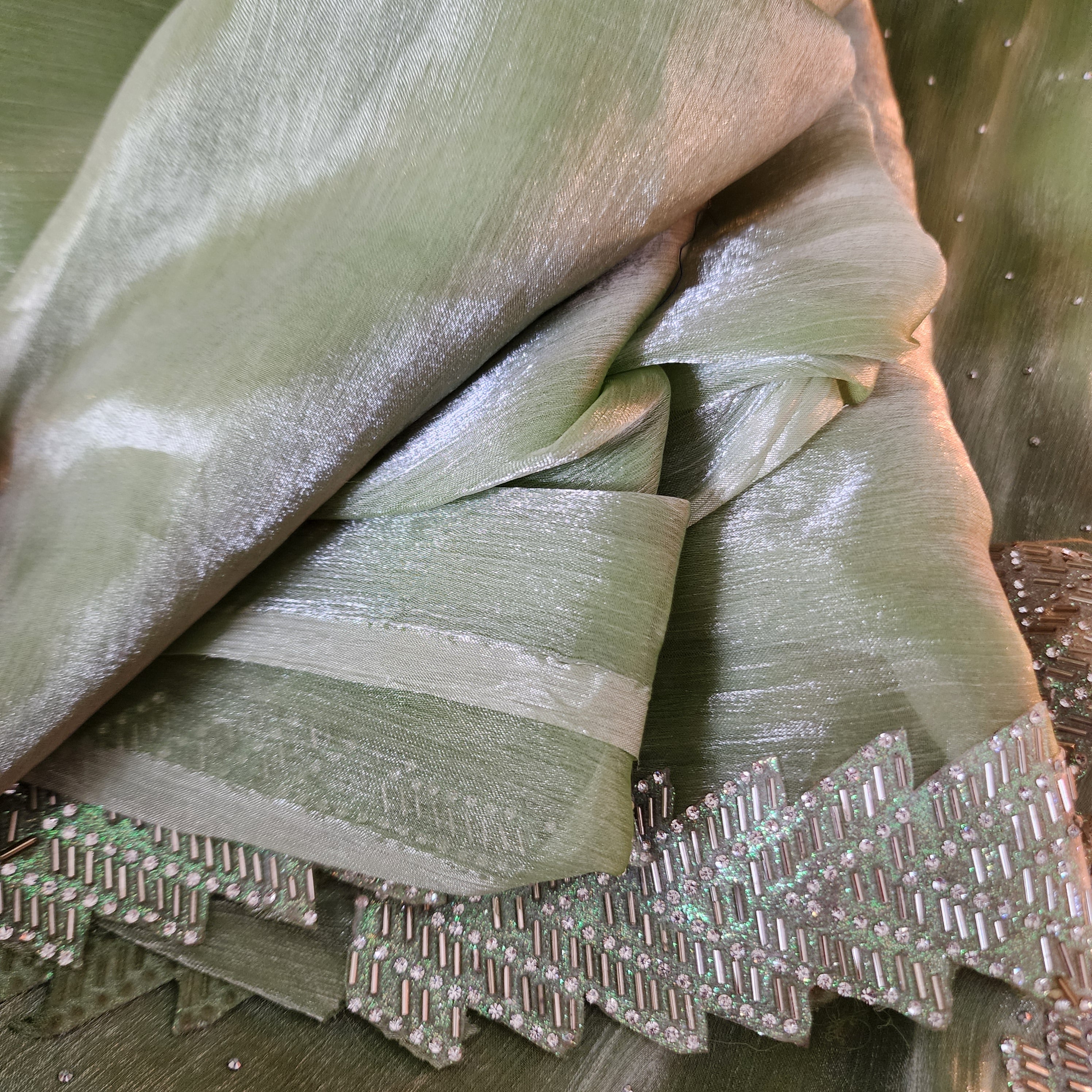 Pista Green Designer Chiffon Silk Saree