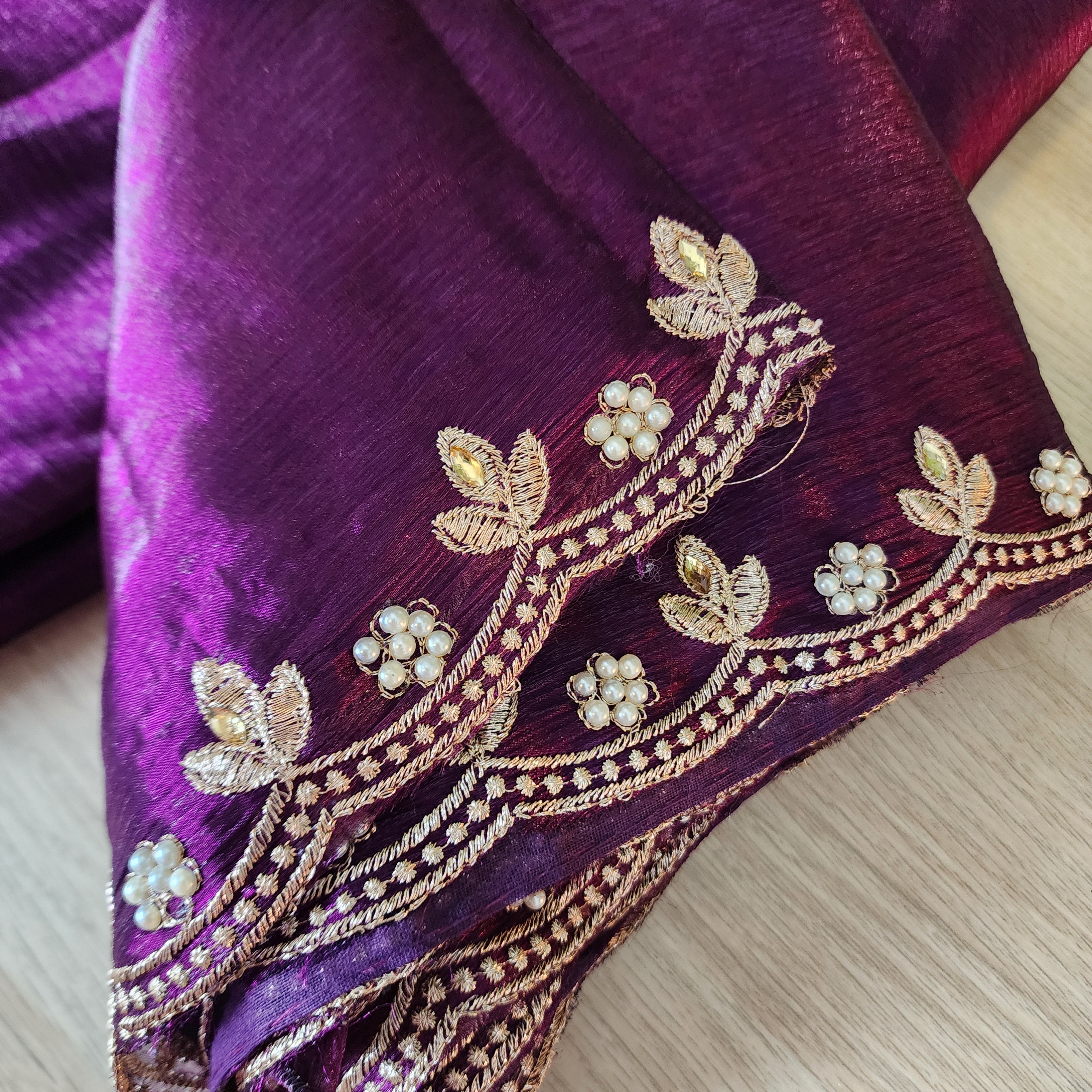 Purple Designer Chiffon Tissue Silk Saree with Contrast Pink Blouse