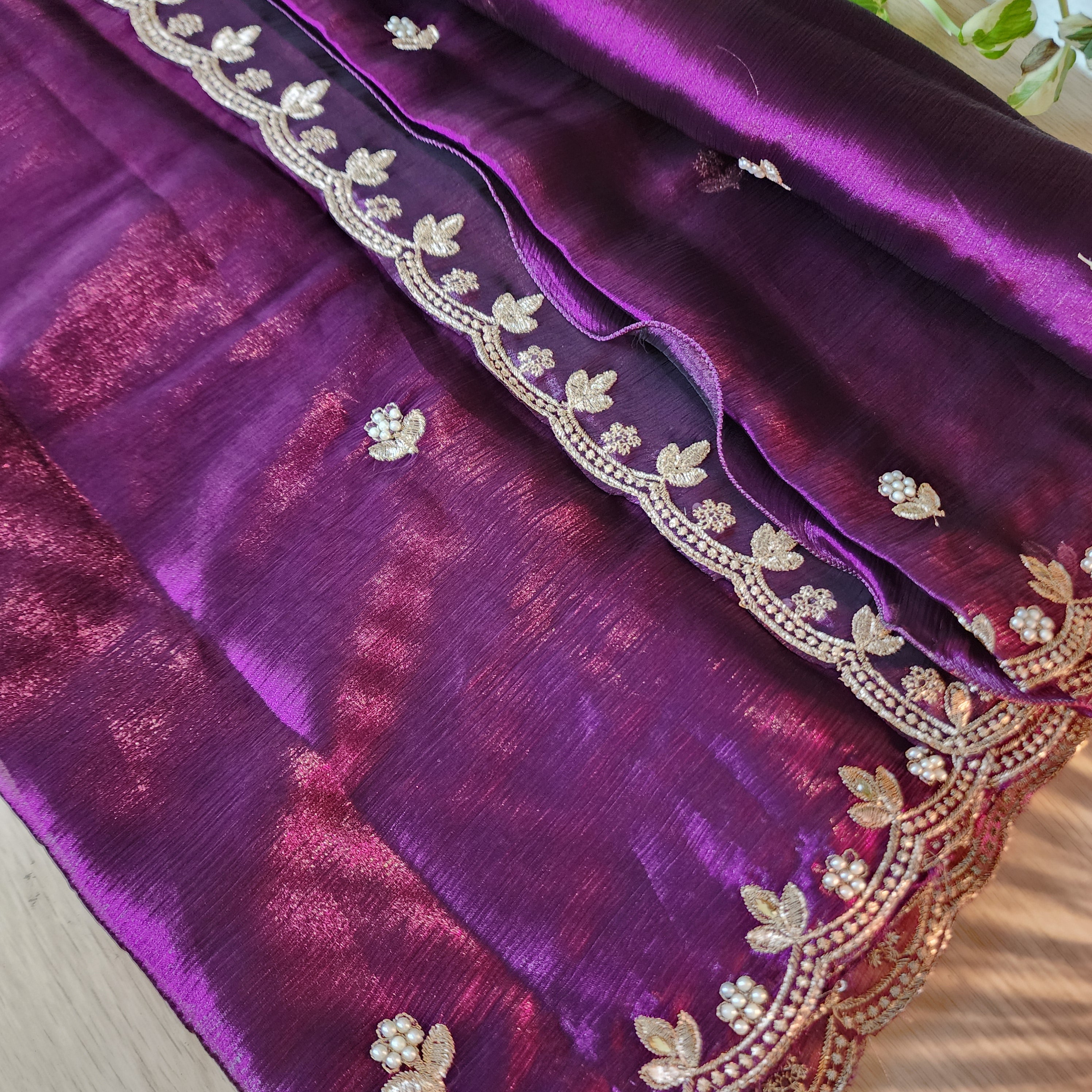 Purple Designer Chiffon Tissue Silk Saree with Contrast Pink Blouse