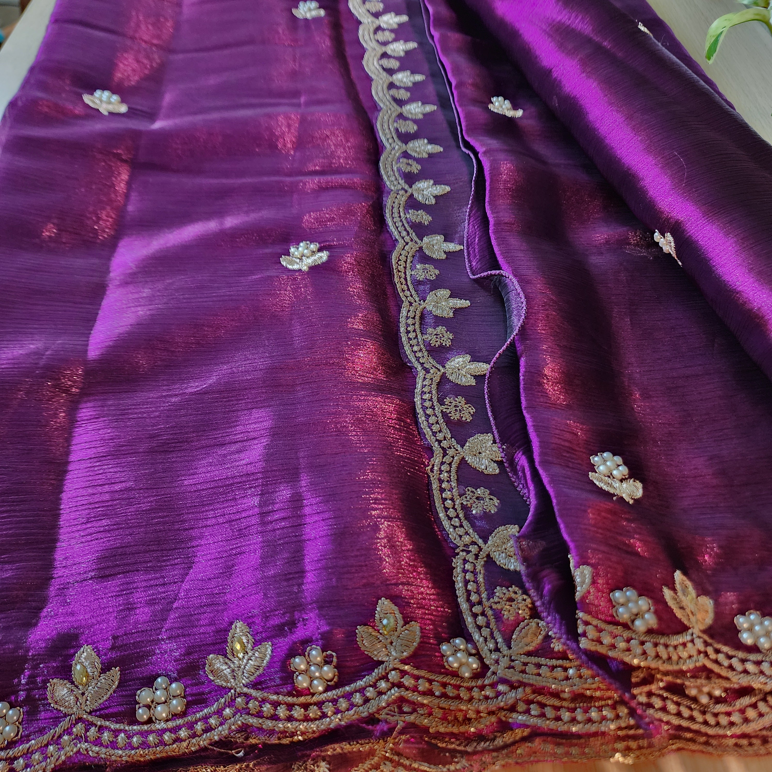 Purple Designer Chiffon Tissue Silk Saree with Contrast Pink Blouse