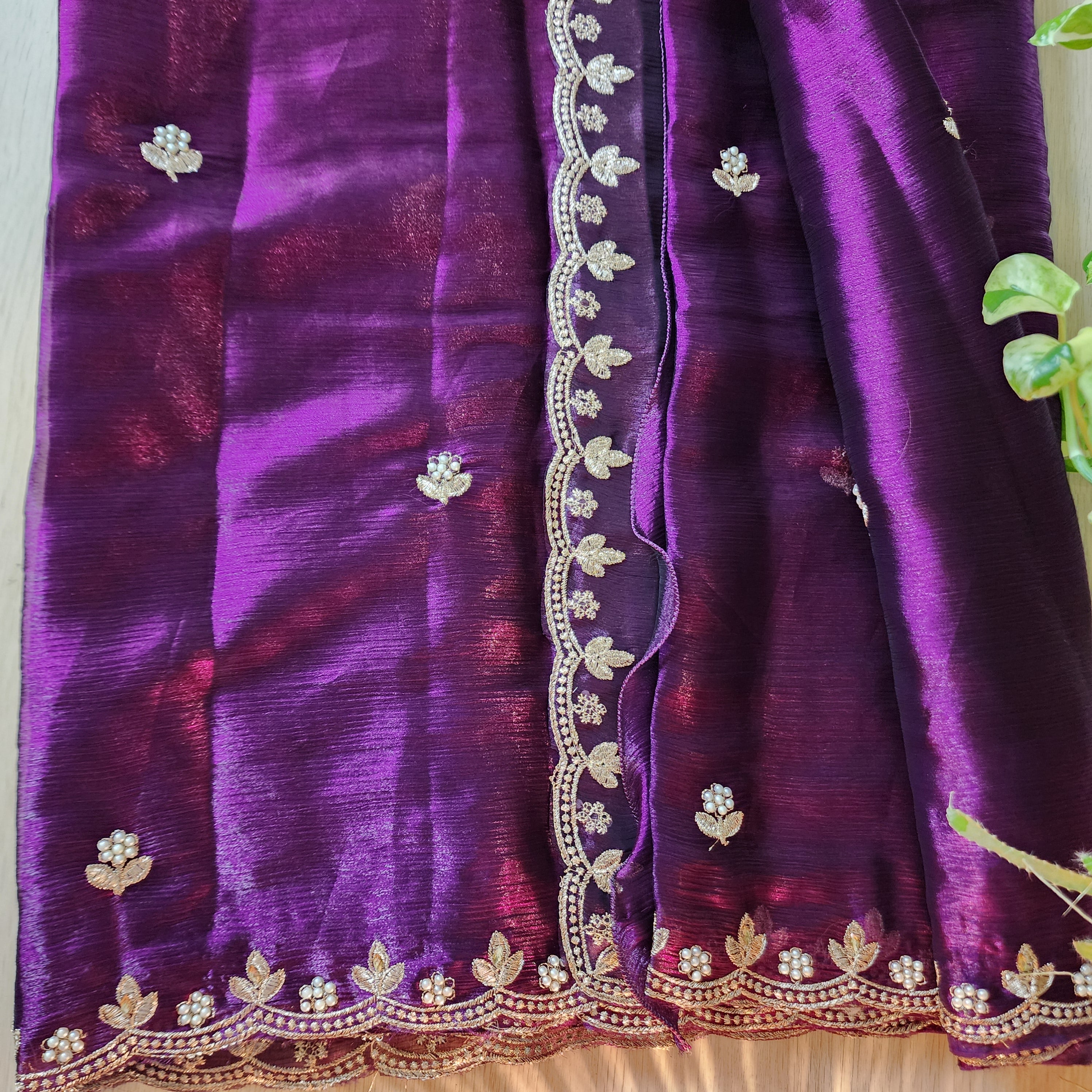 Purple Designer Chiffon Tissue Silk Saree with Contrast Pink Blouse