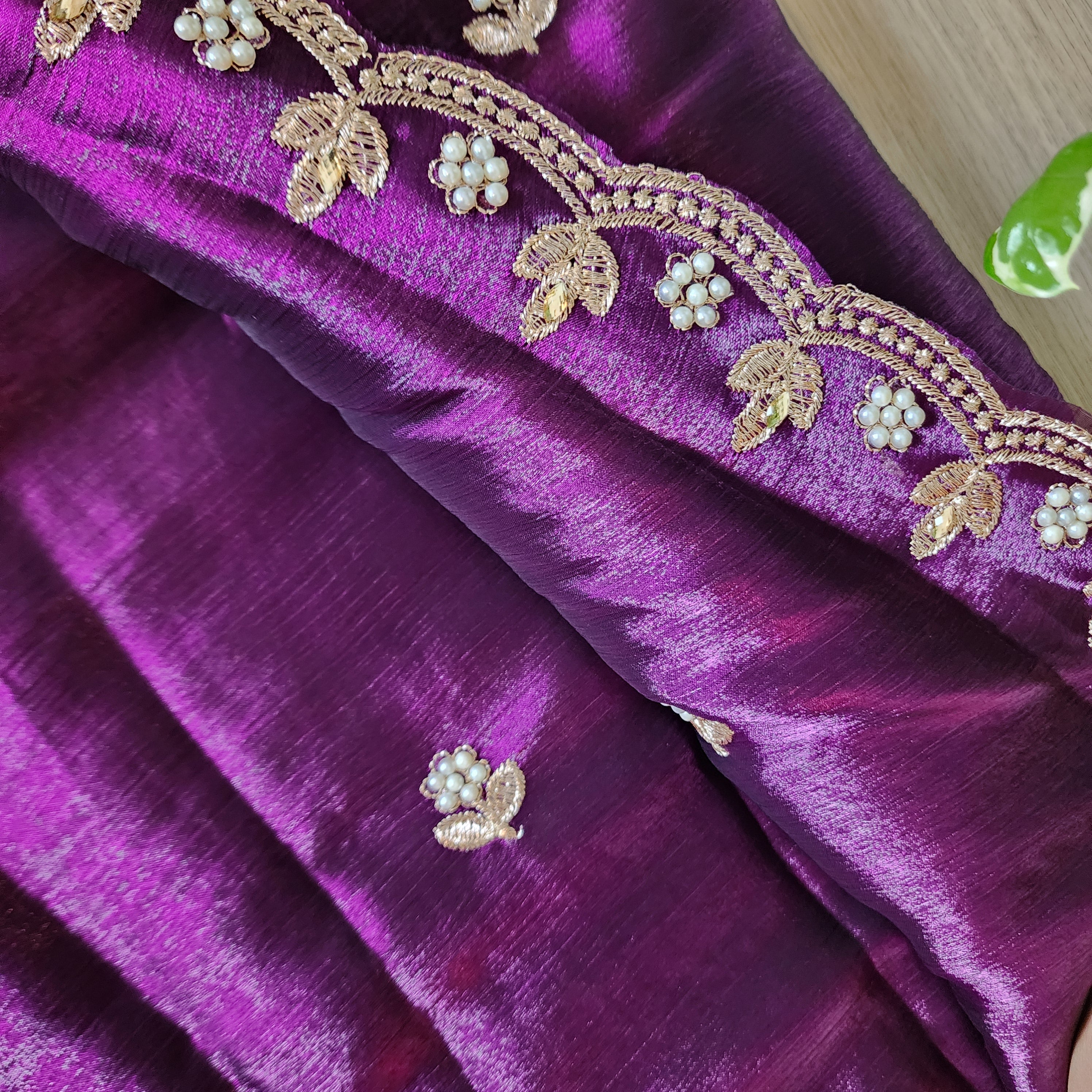 Purple Designer Chiffon Tissue Silk Saree with Contrast Pink Blouse