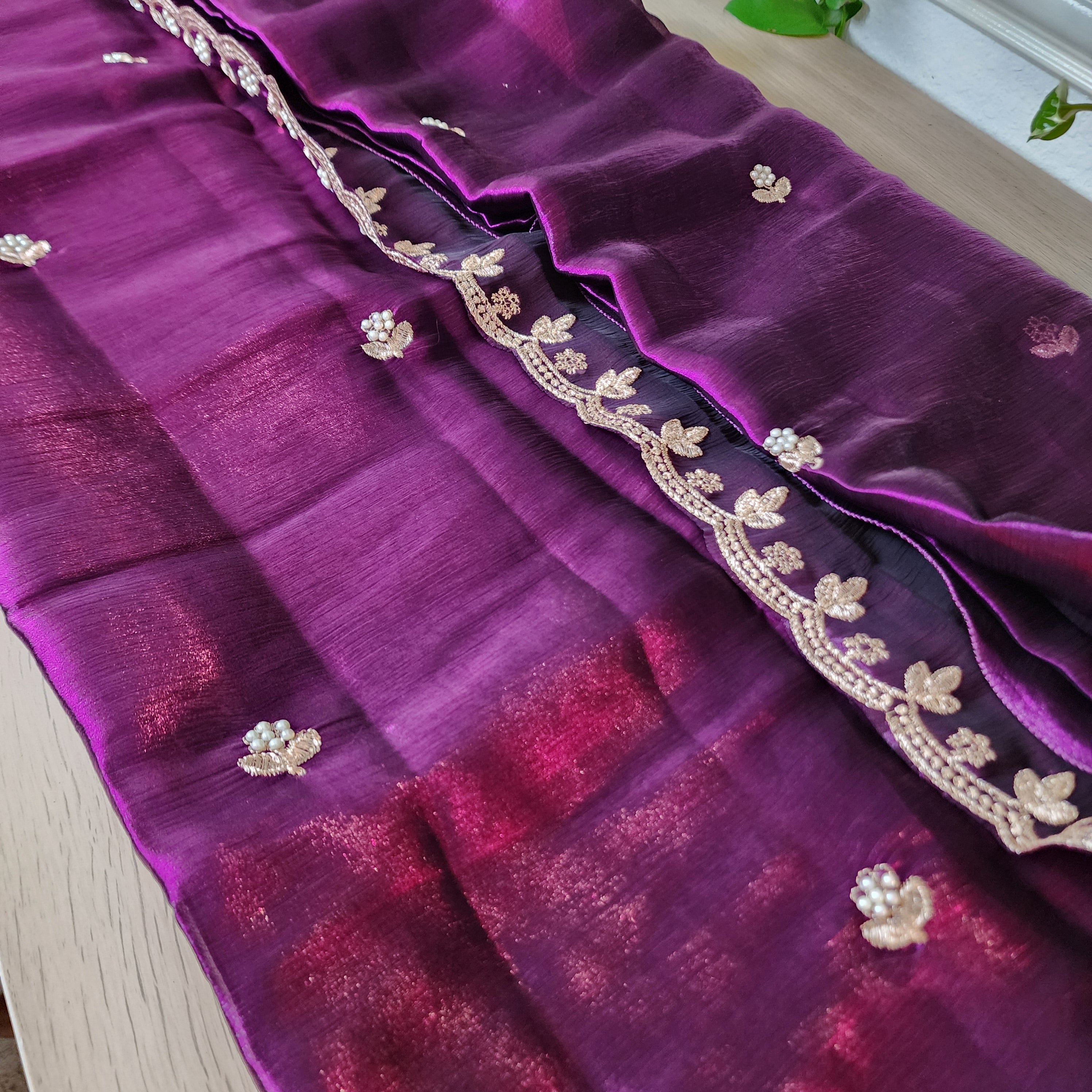 Purple Designer Chiffon Tissue Silk Saree with Contrast Pink Blouse