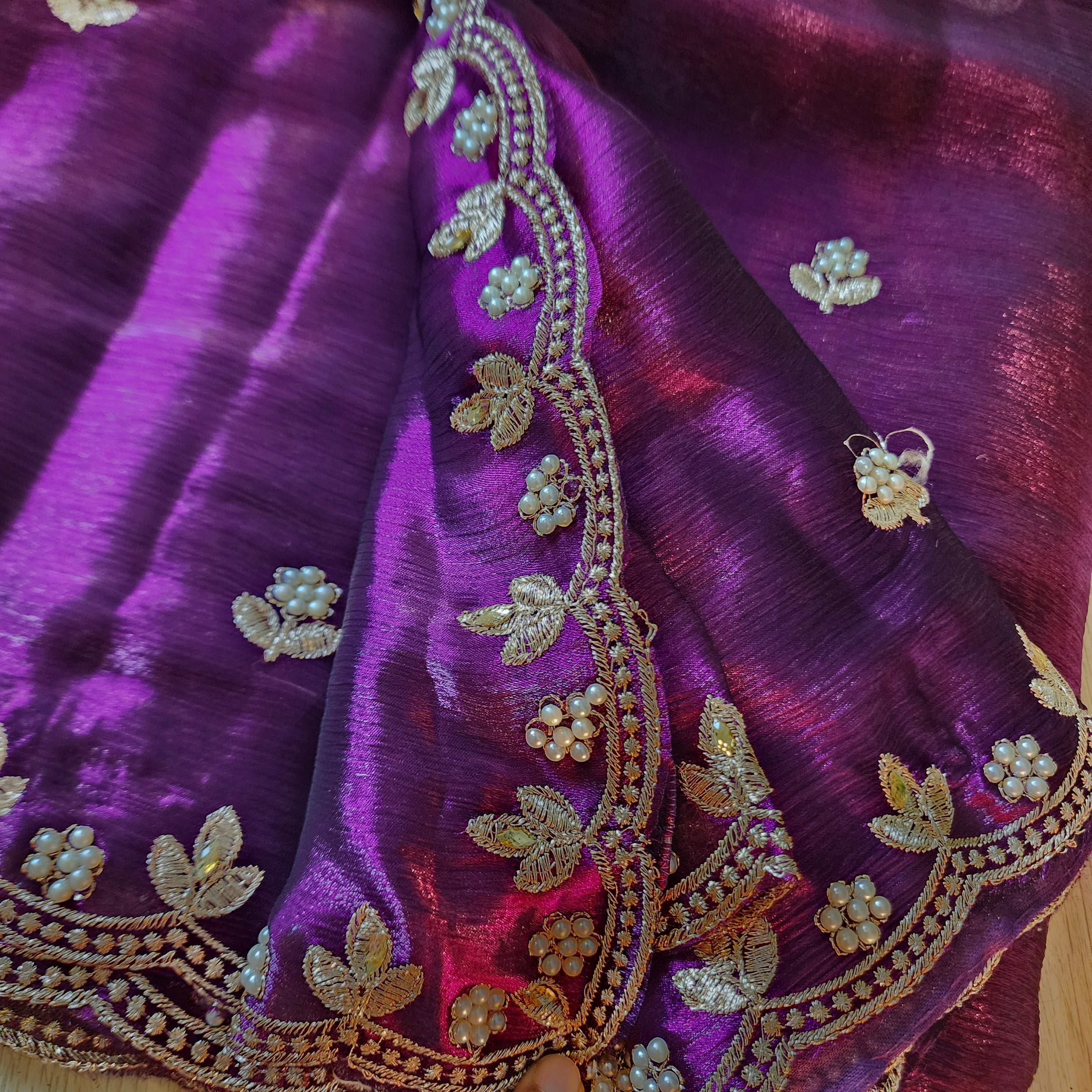 Purple Designer Chiffon Tissue Silk Saree with Contrast Pink Blouse