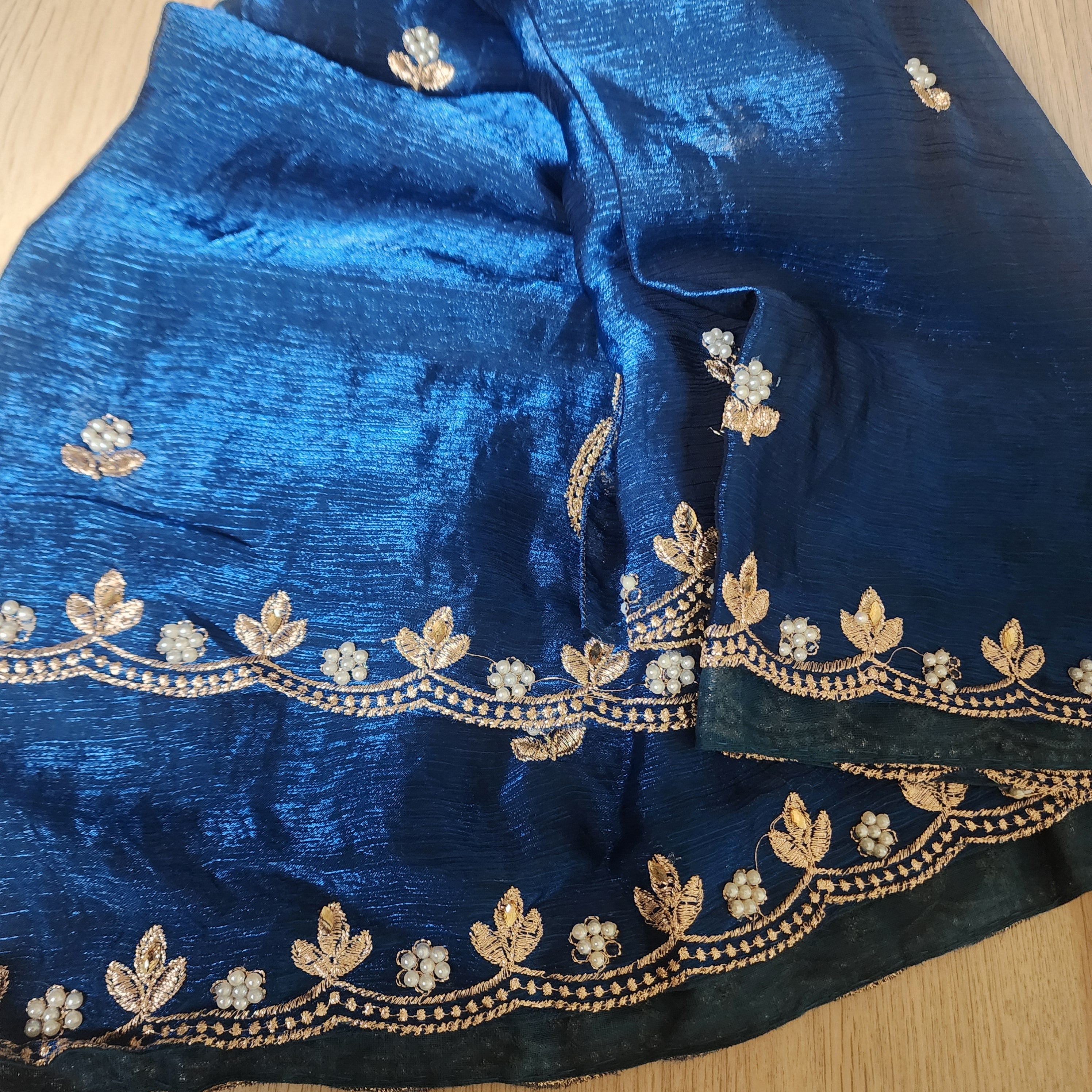 Blue Designer Chiffon Tissue Silk Saree with Contrast Green Blouse