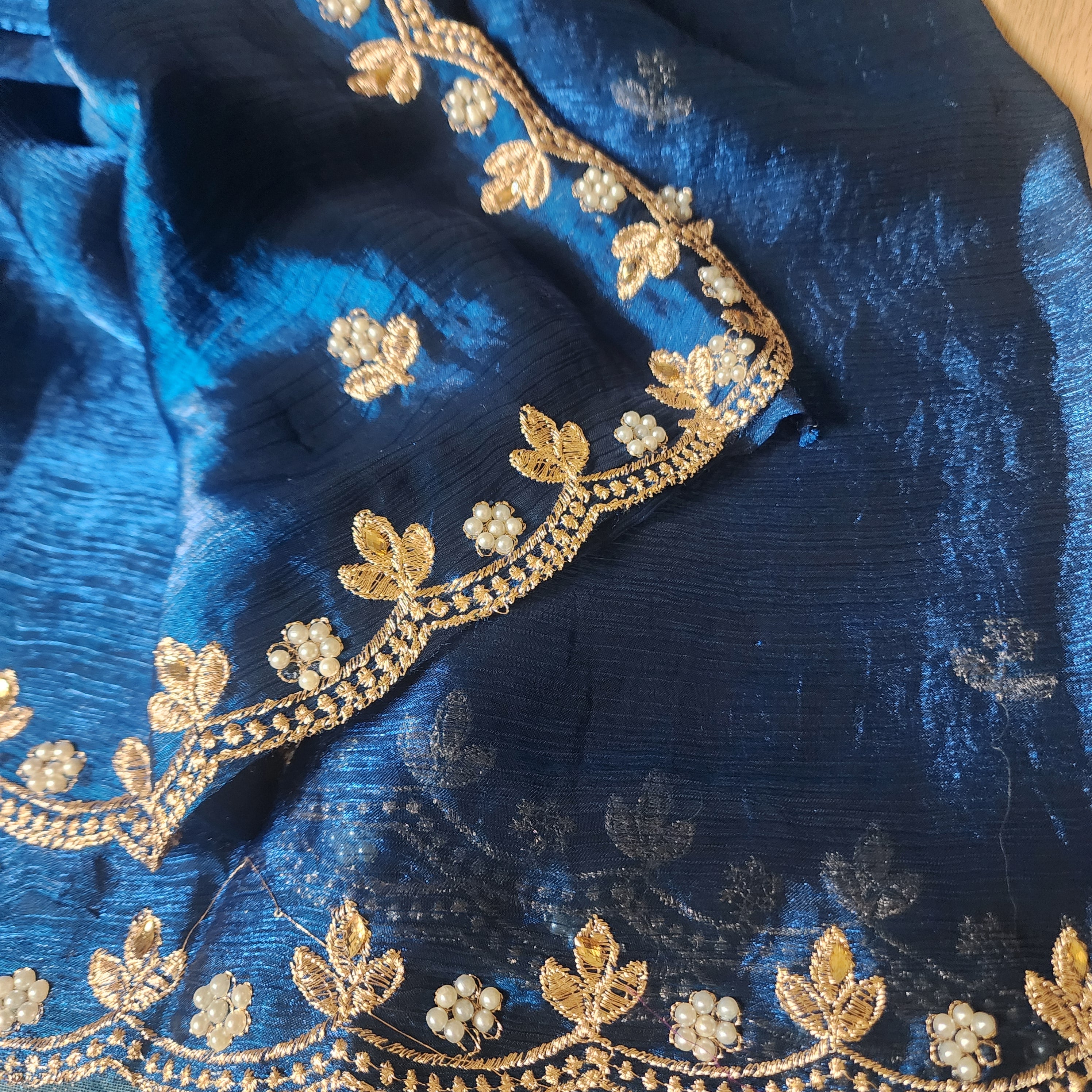 Blue Designer Chiffon Tissue Silk Saree with Contrast Green Blouse