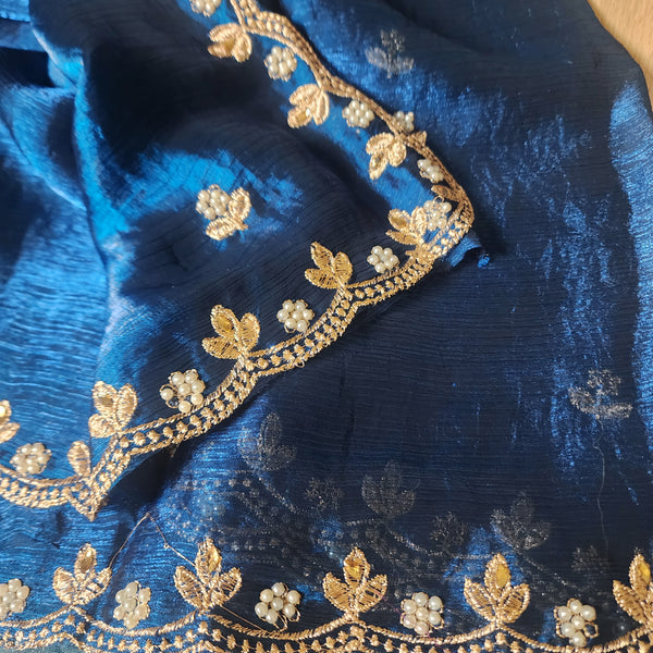 Blue Designer Chiffon Tissue Silk Saree with Contrast Green Blouse