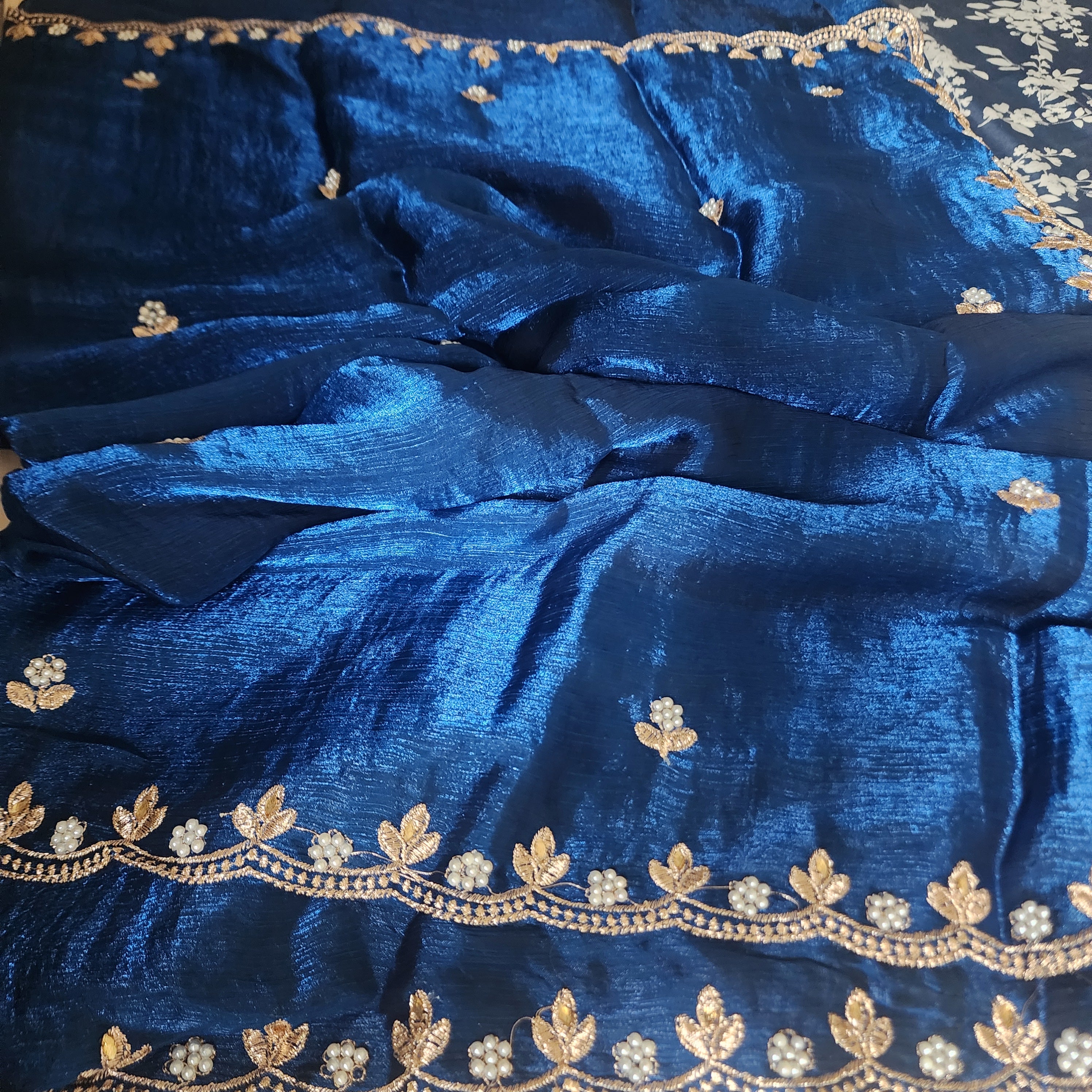 Blue Designer Chiffon Tissue Silk Saree with Contrast Green Blouse